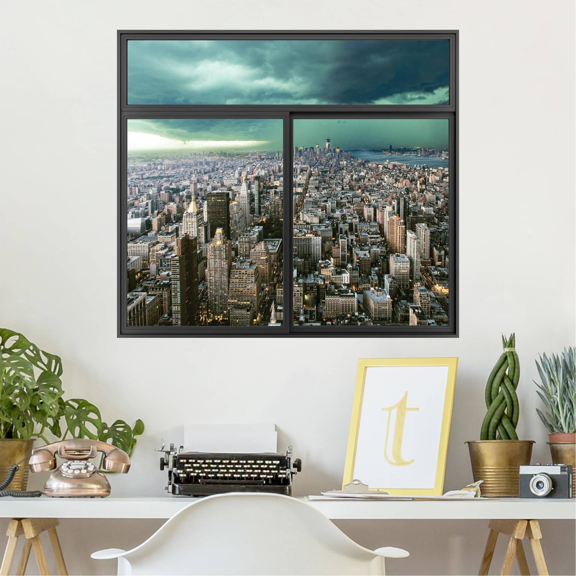 3D Wandtattoo Fenster Schwarz Skyline New York im Gewitter von Klebefieber