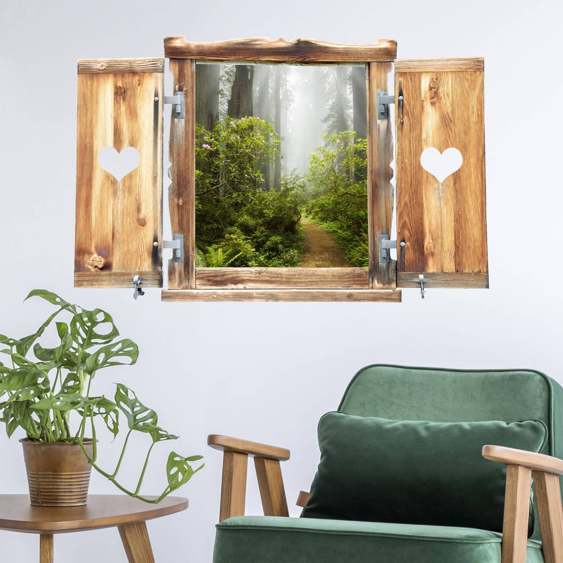 3D Wandtattoo Fenster mit Herz Nebliger Waldpfad von Klebefieber