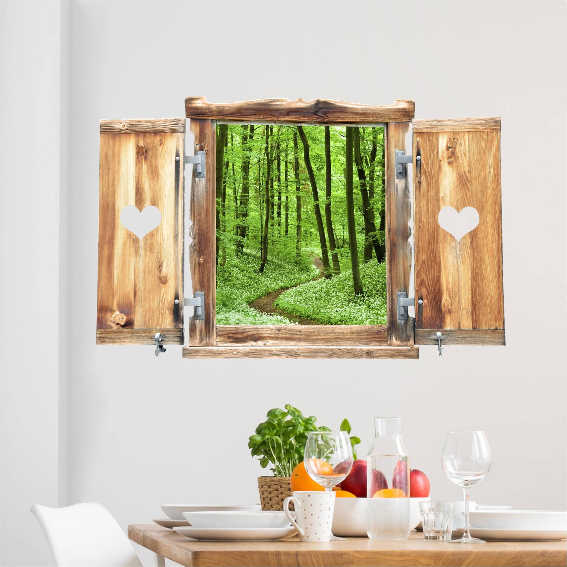 3D Wandtattoo Fenster mit Herz Romantischer Waldweg von Klebefieber