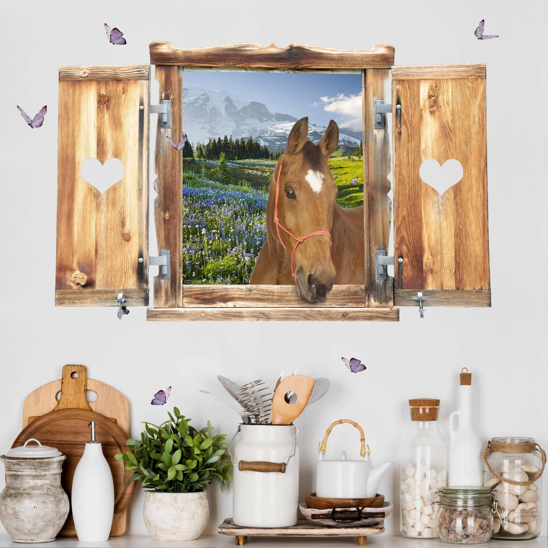 3D Wandtattoo Fenster mit Herz und Pferd Bergwiese mit Blumen von Klebefieber