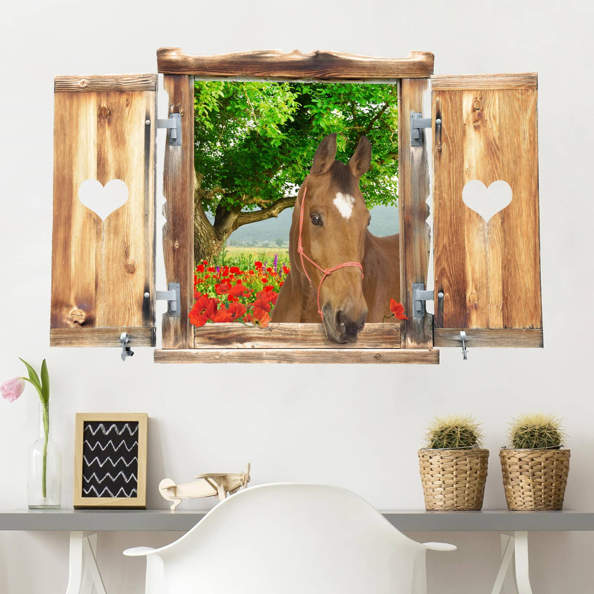 3D Wandtattoo Fenster mit Herz und Pferd Sommerwiese von Klebefieber