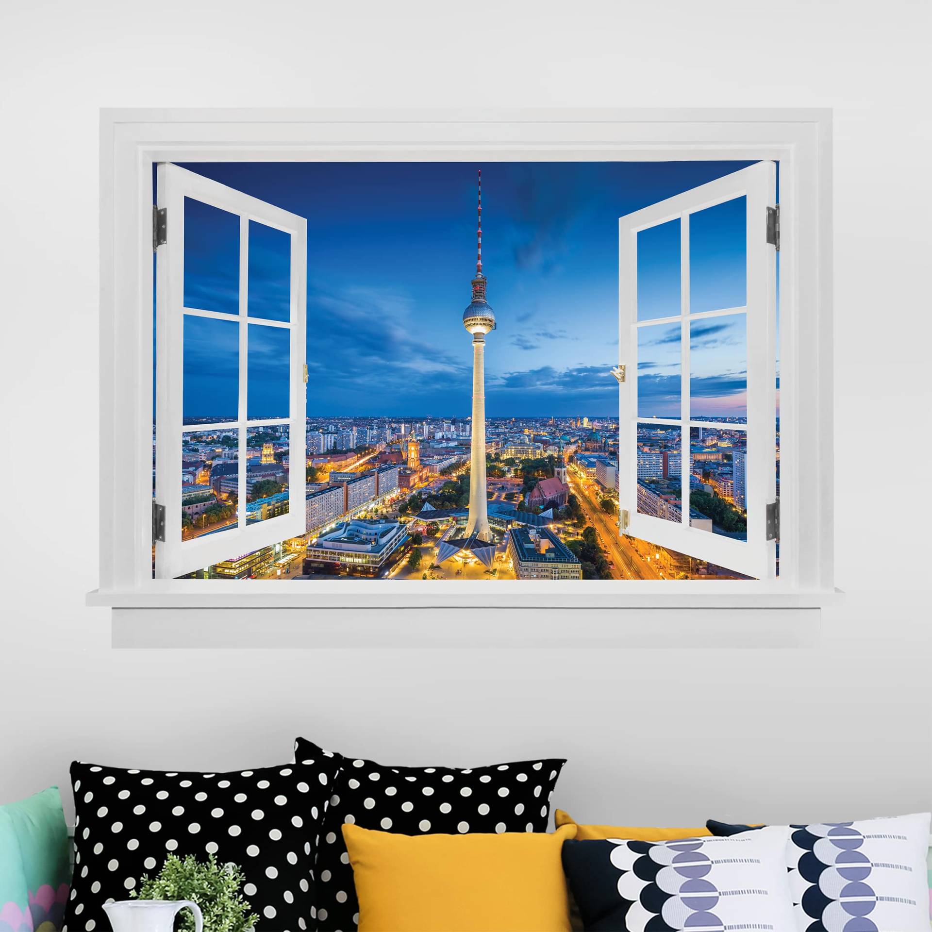 3D Wandtattoo Offenes Fenster Berlin Skyline bei Nacht mit Fernsehturm von Klebefieber