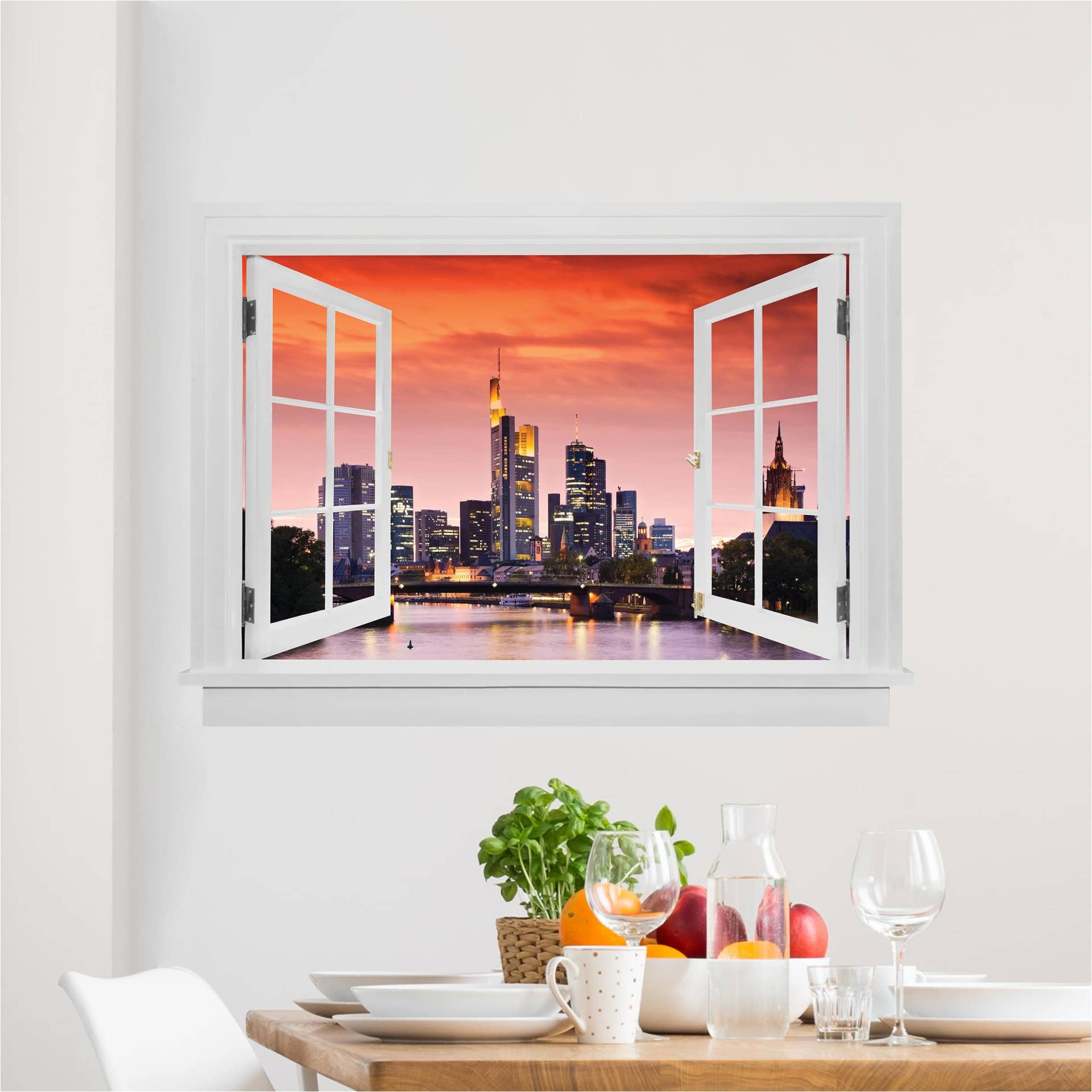 3D Wandtattoo Offenes Fenster Frankfurt Skyline von Klebefieber