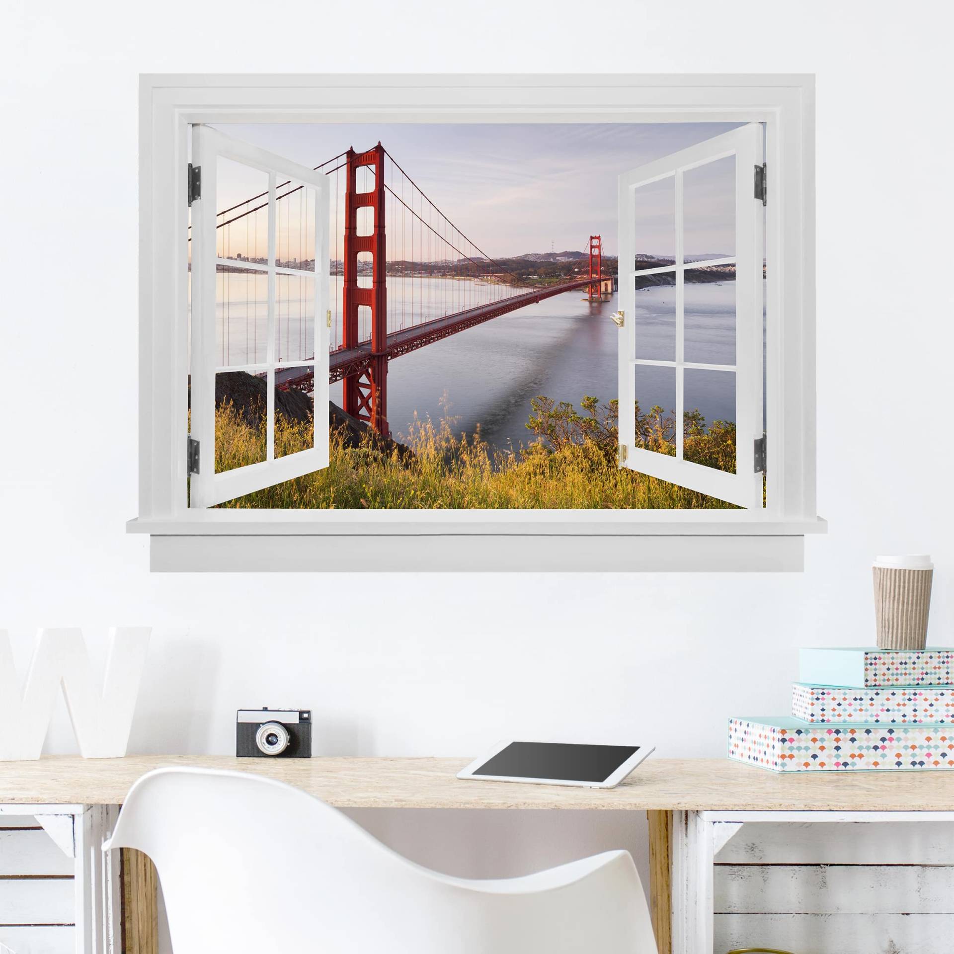 3D Wandtattoo Offenes Fenster Golden Gate Bridge in San Francisco von Klebefieber