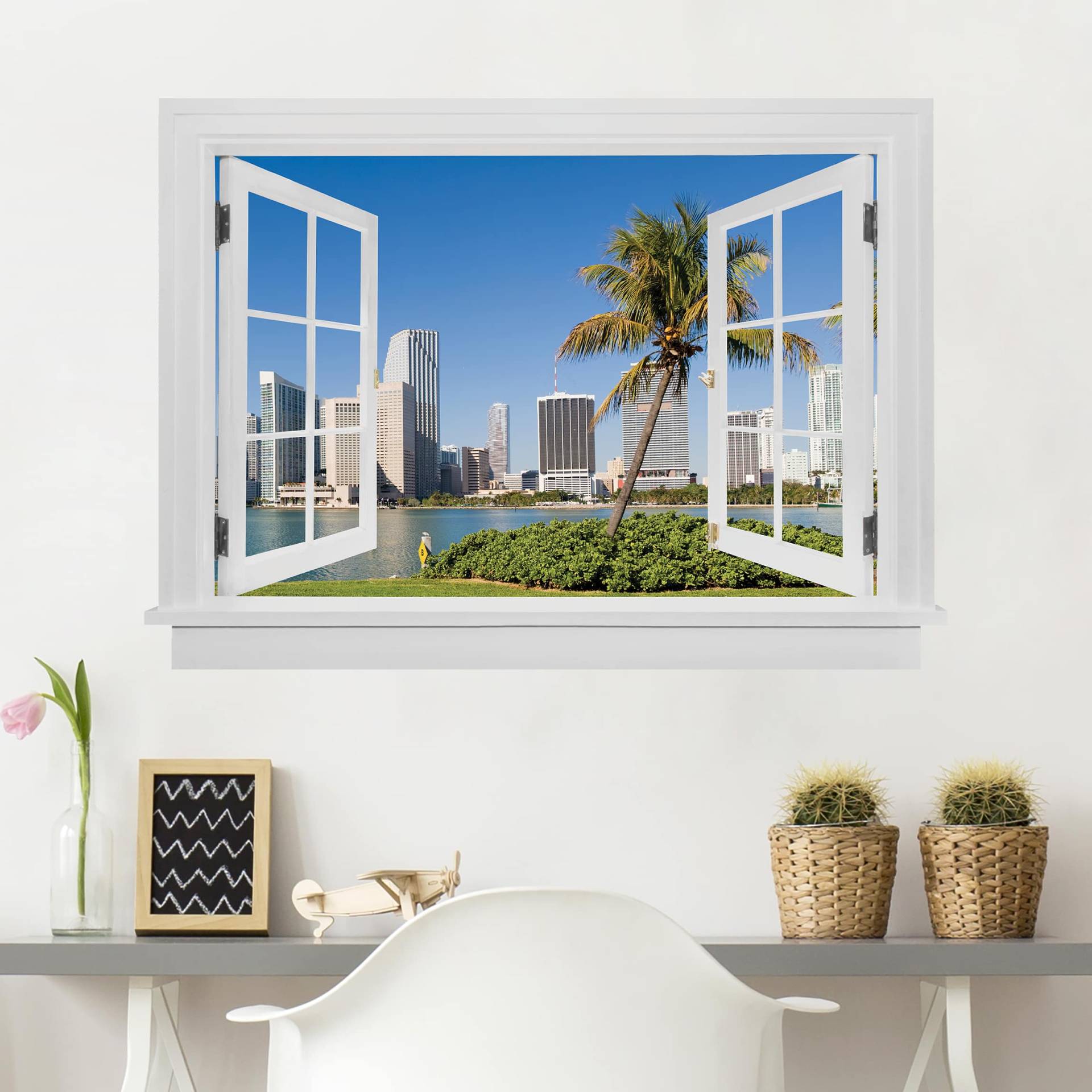 3D Wandtattoo Offenes Fenster Miami Beach Skyline von Klebefieber