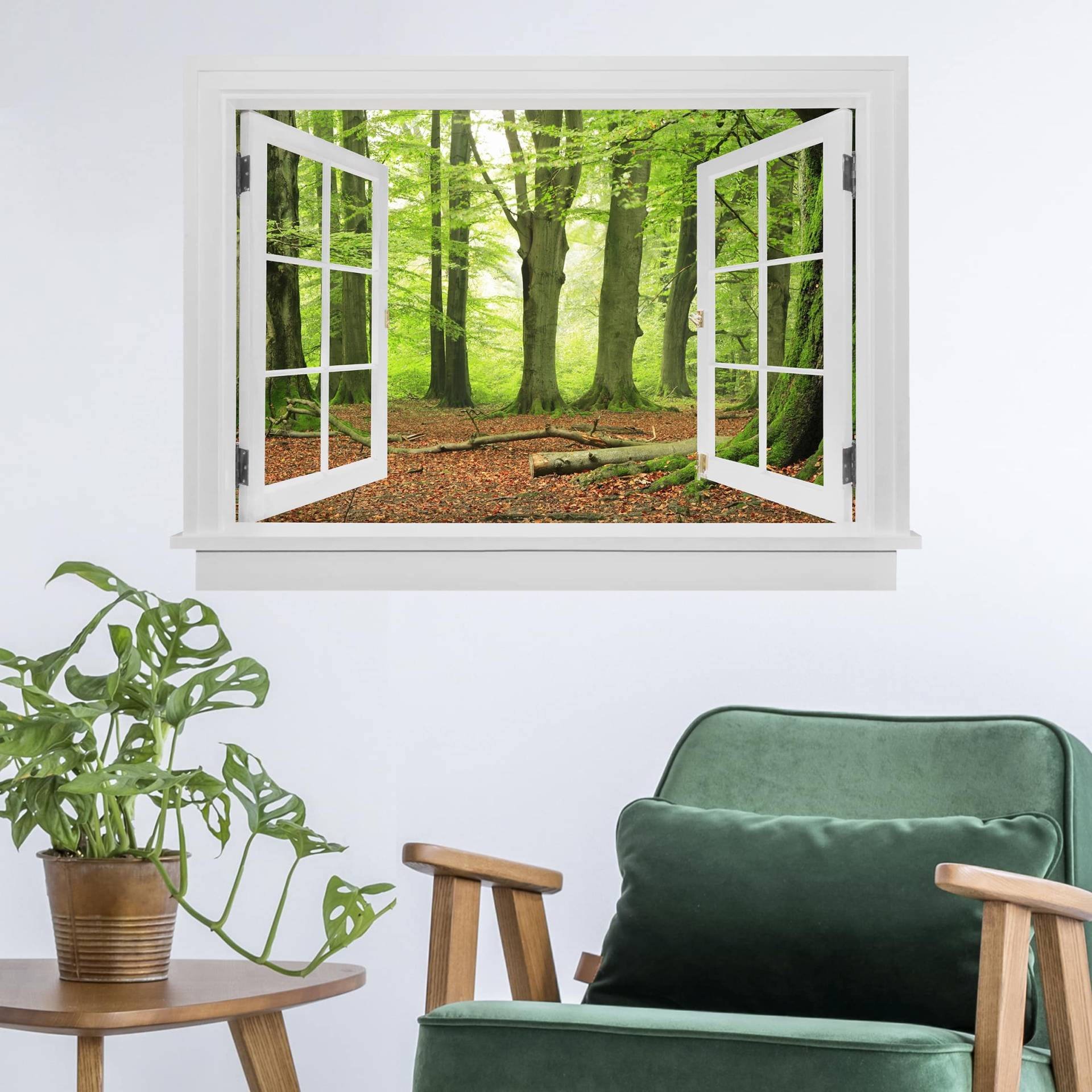 3D Wandtattoo Offenes Fenster Mighty Beech Trees von Klebefieber