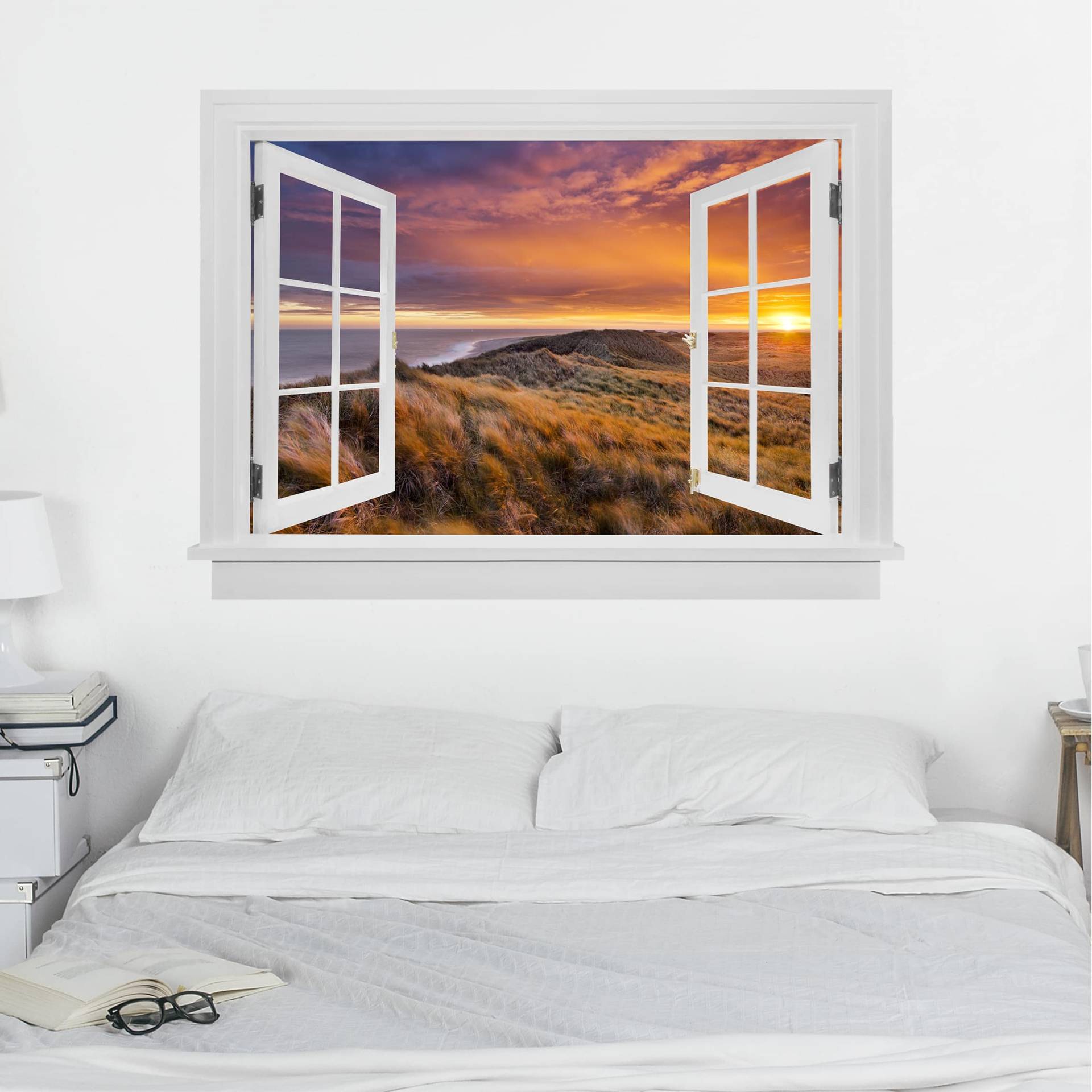 3D Wandtattoo Offenes Fenster Sonnenaufgang am Strand auf Sylt von Klebefieber