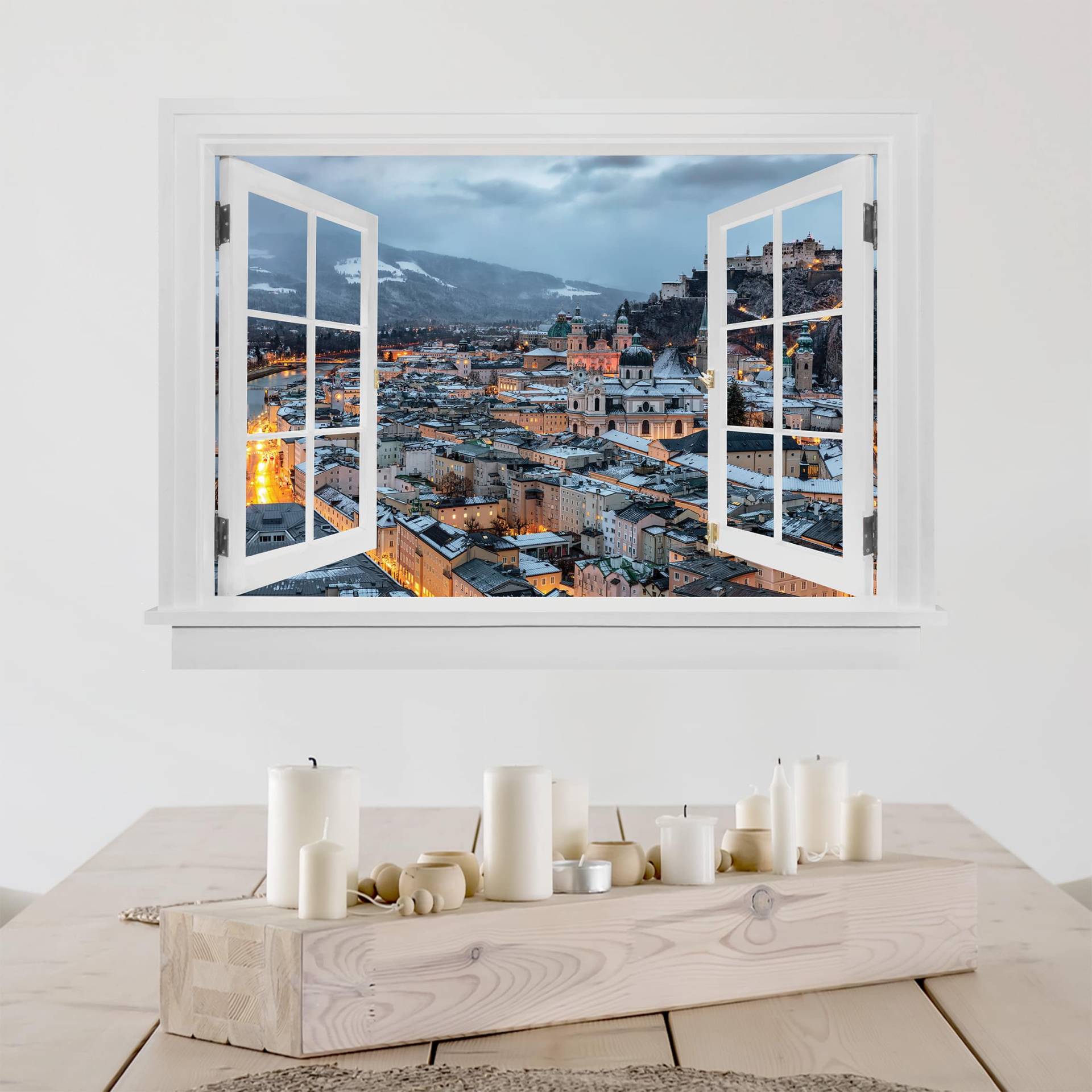 3D Wandtattoo Offenes Fenster Verschneites Salzburg von Klebefieber