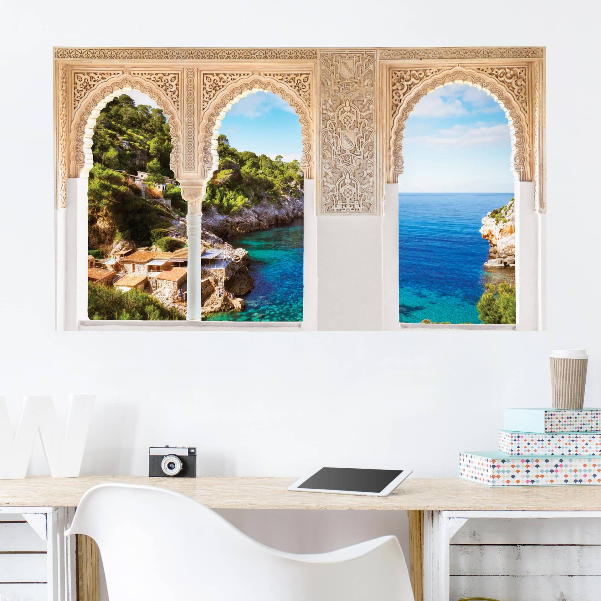 3D Wandtattoo Verzierte Fenster Cala de Deia in Mallorca von Klebefieber