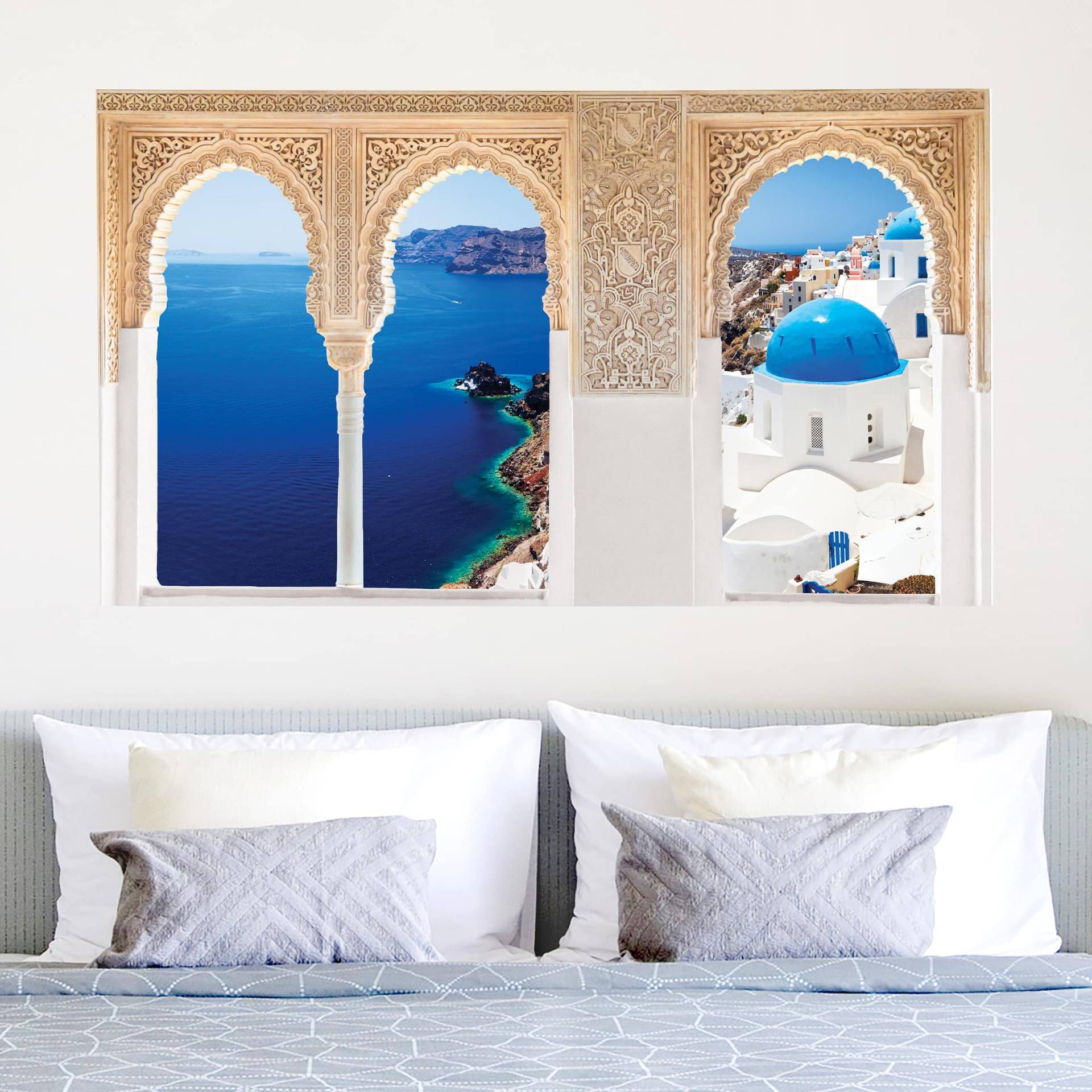 3D Wandtattoo Verzierte Fenster View Over Santorini von Klebefieber