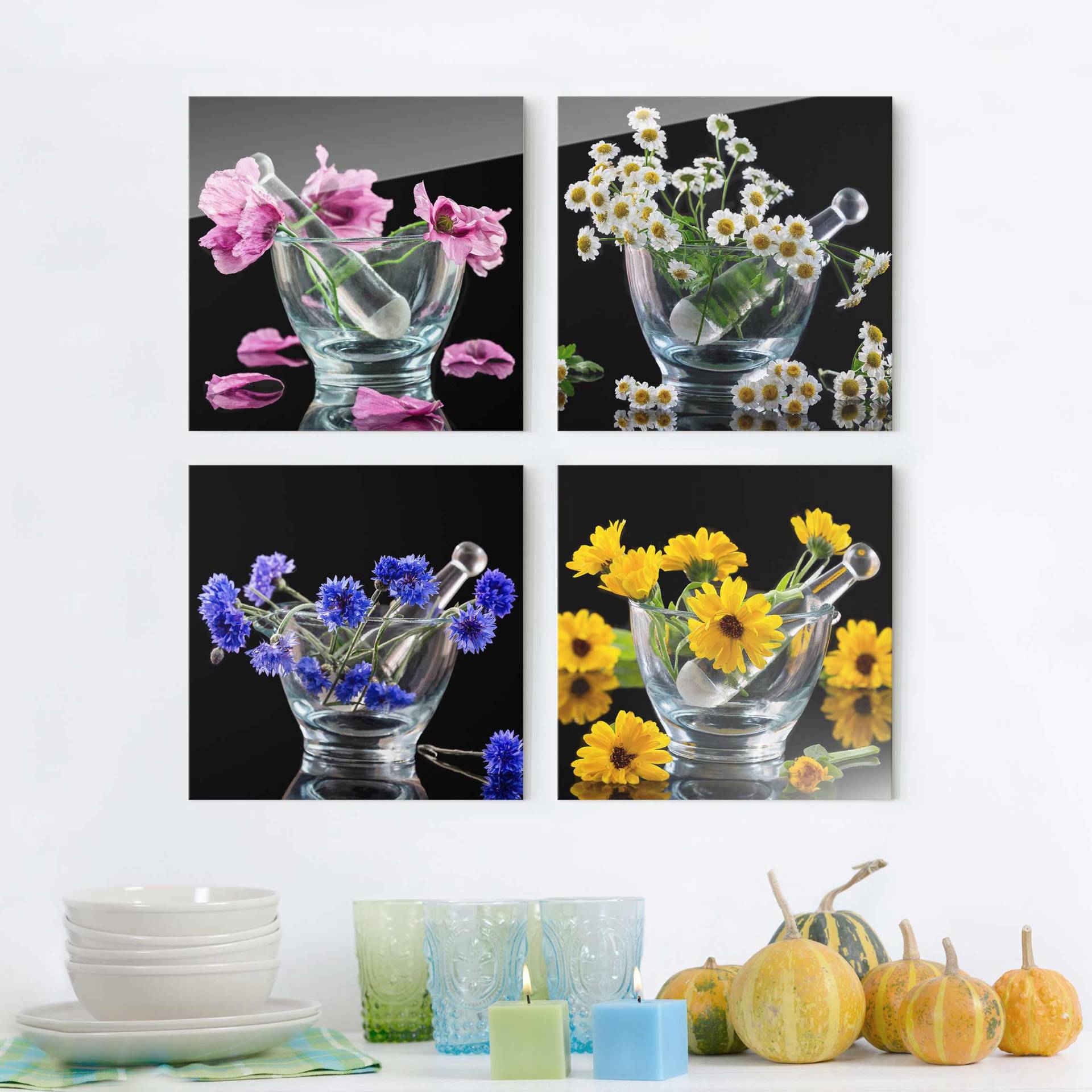 4-teiliges Glasbild Blumen im Mörser von Klebefieber