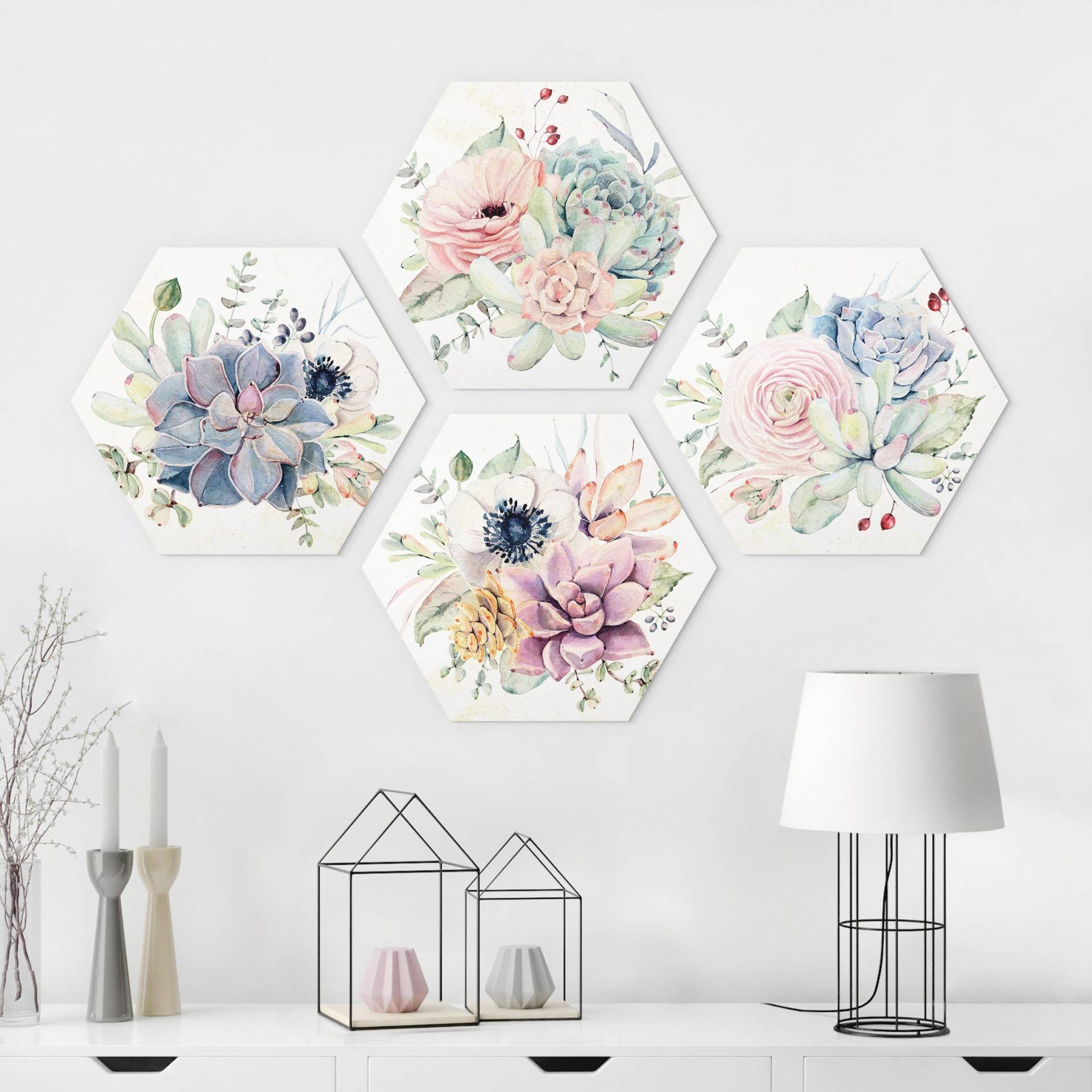 4-teiliges Hexagon-Alu-Dibond Bild Aquarell Blumen Landhaus von Klebefieber