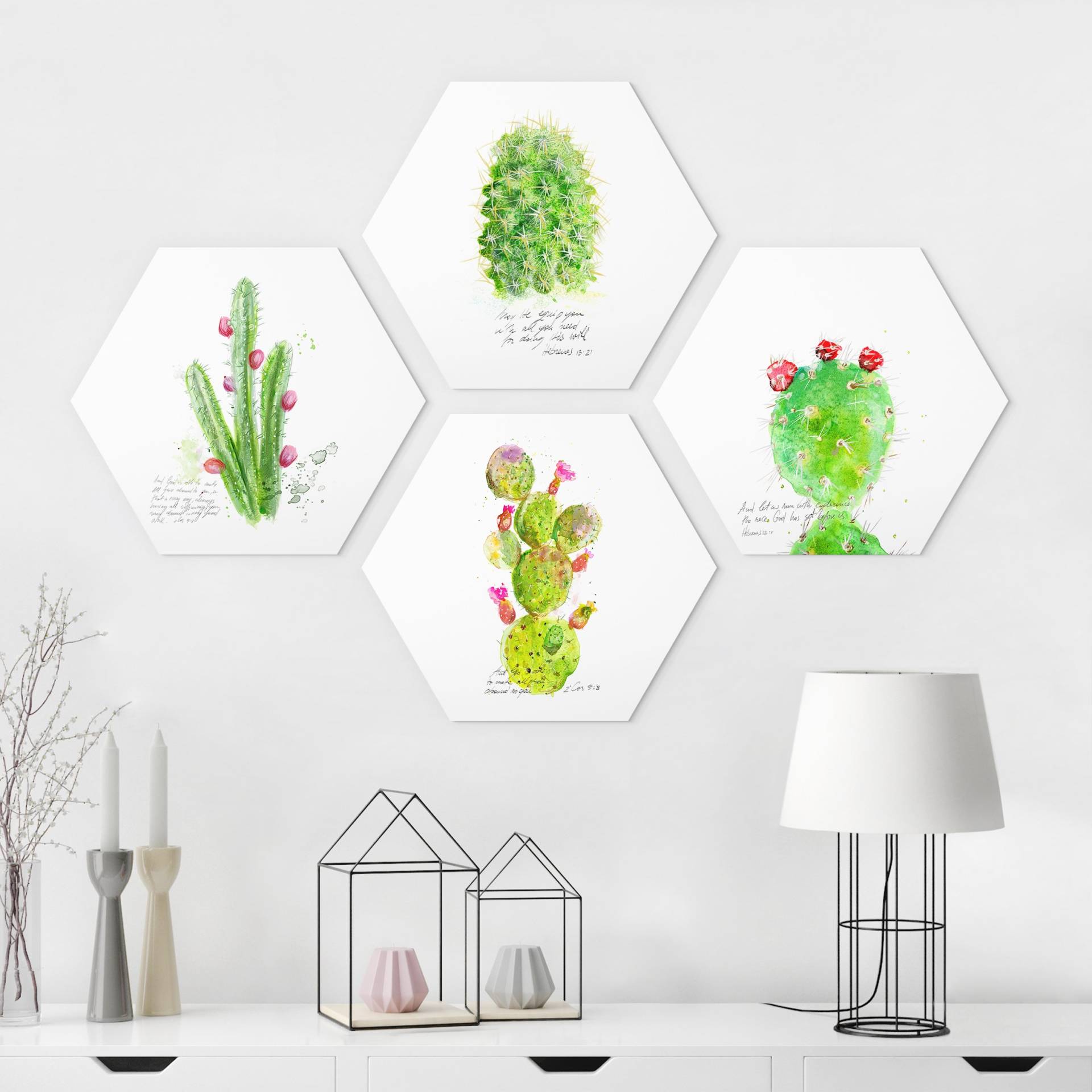 4-teiliges Hexagon-Alu-Dibond Bild Kaktus mit Bibelvers Set I von Klebefieber
