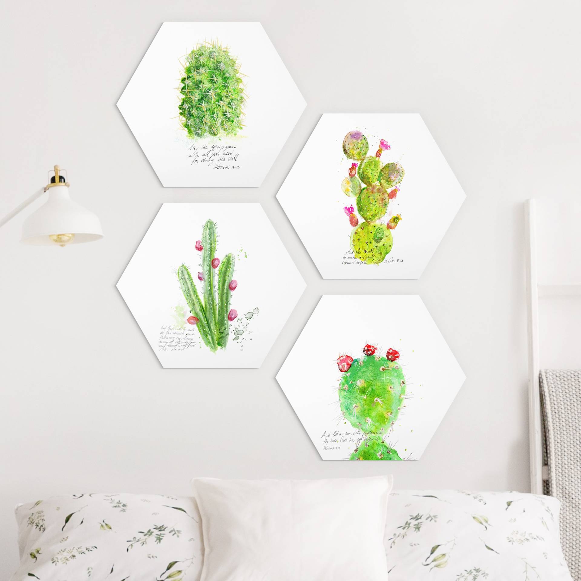 4-teiliges Hexagon-Forexbild Kaktus mit Bibelvers Set I von Klebefieber