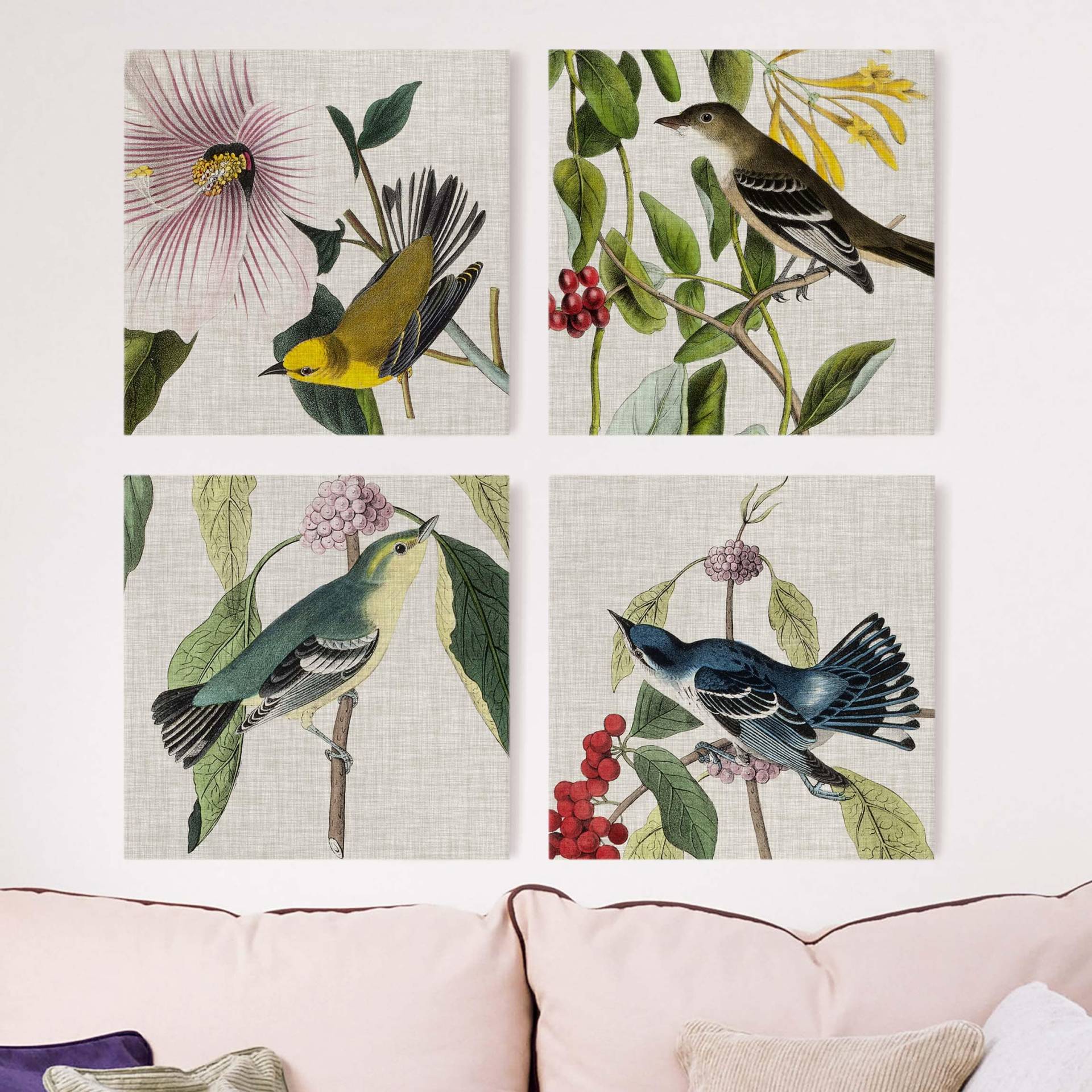 4-teiliges Leinwandbild Blumen Vögel auf Leinen Set II von Klebefieber