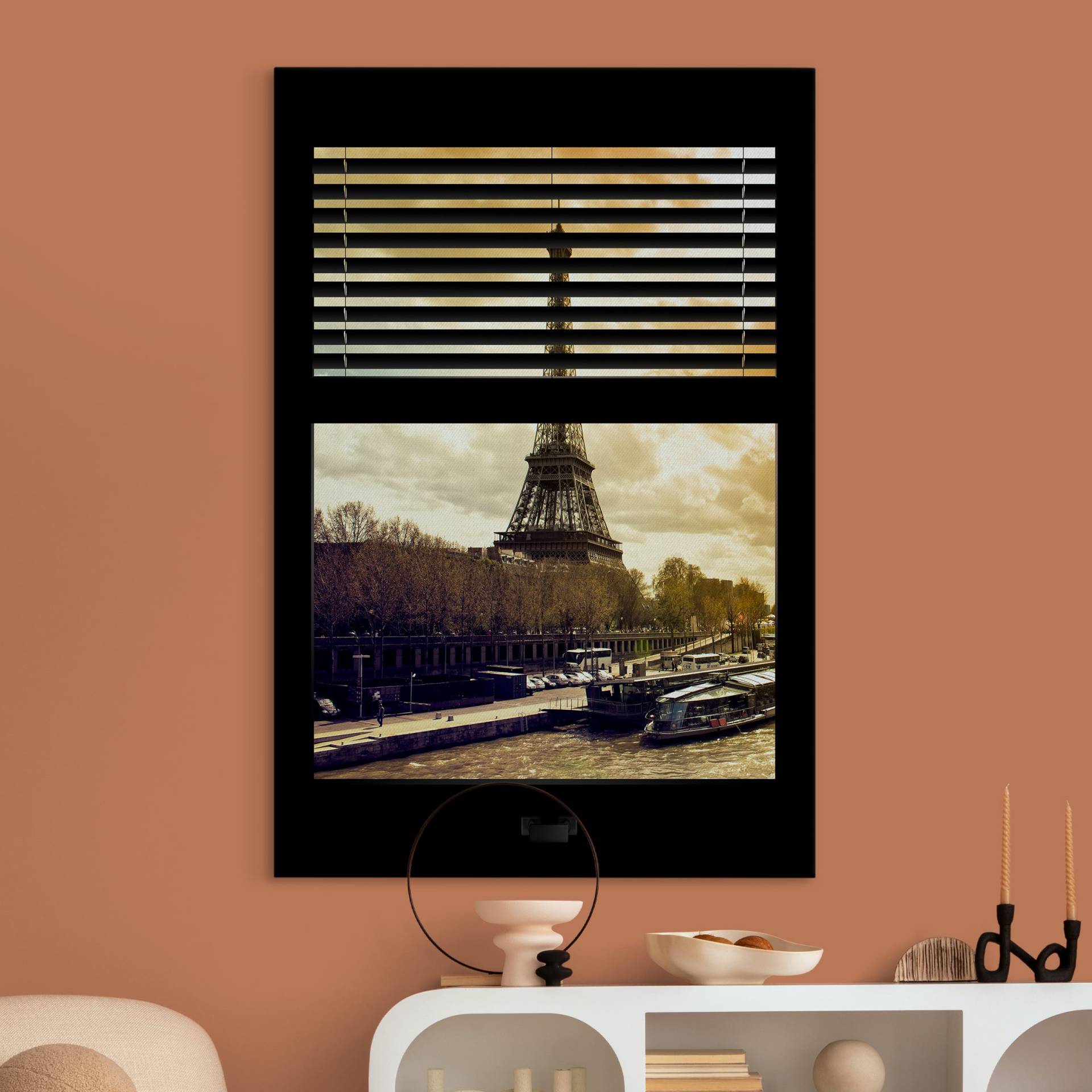Akustikbild Fensterausblick Jalousie - Paris Eiffelturm Sonnenuntergang von Klebefieber