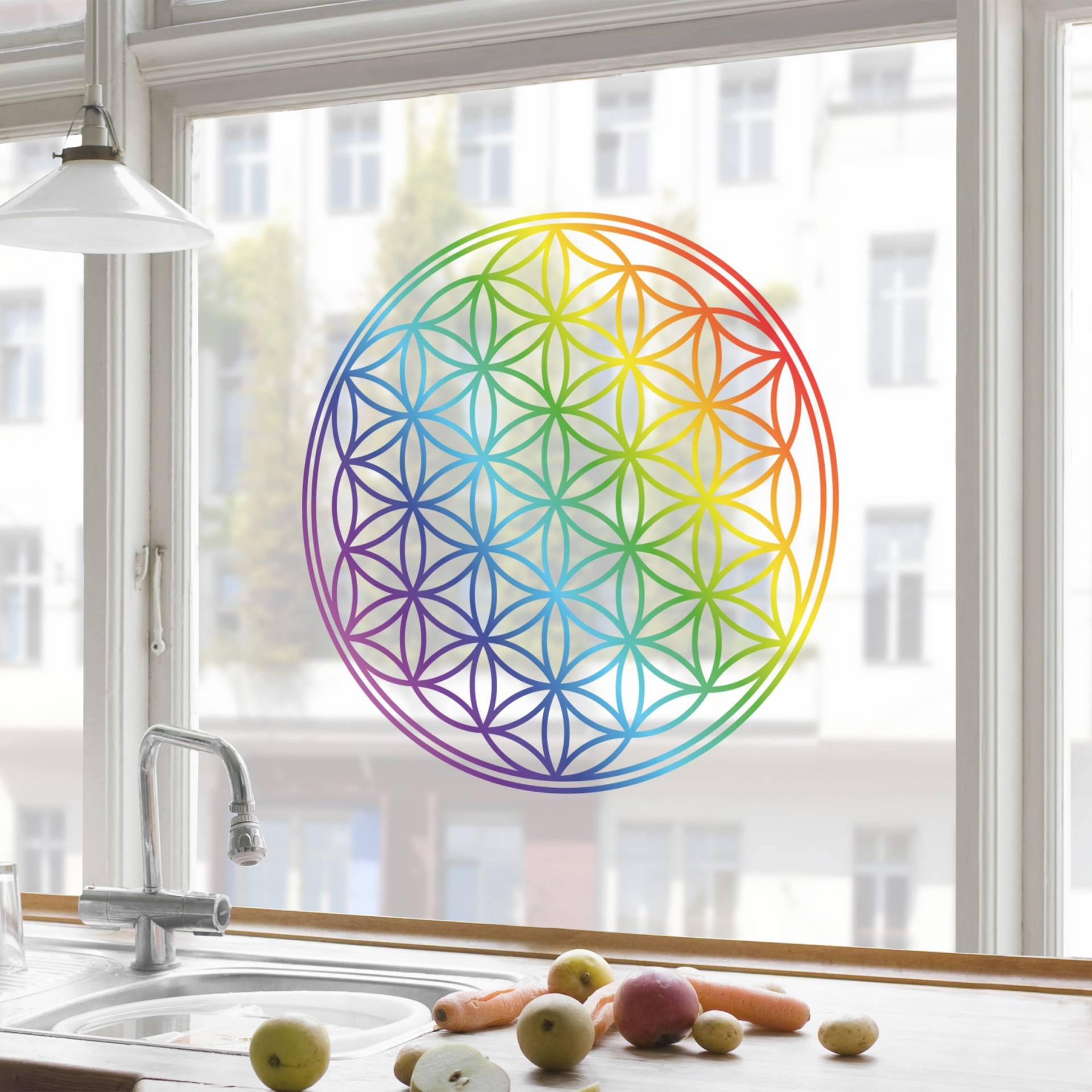 Fensteraufkleber Blume des Lebens Regenbogenfarbe von Klebefieber