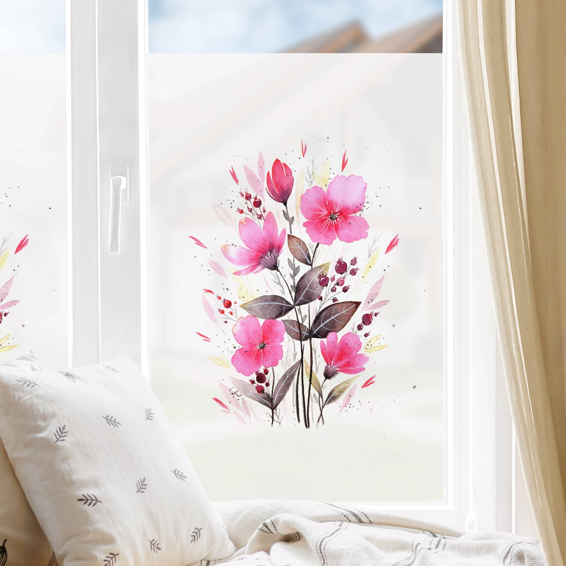 Fensterfolie Esther Meinl - Pinke Aquarell Blumen im Sommer von Klebefieber