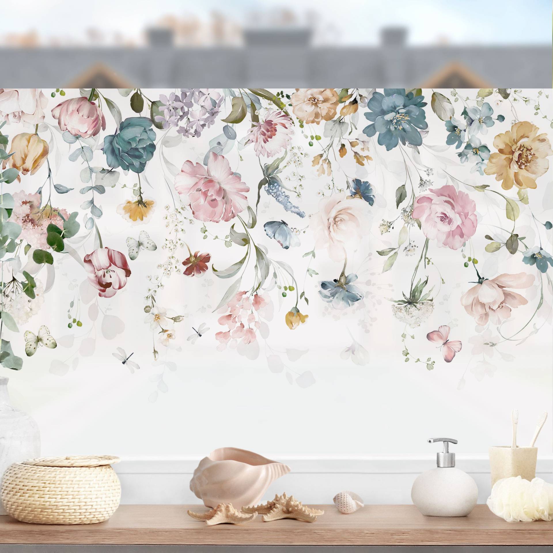 Fensterfolie Rankende Blumen mit Schmetterlingen Aquarell von Klebefieber