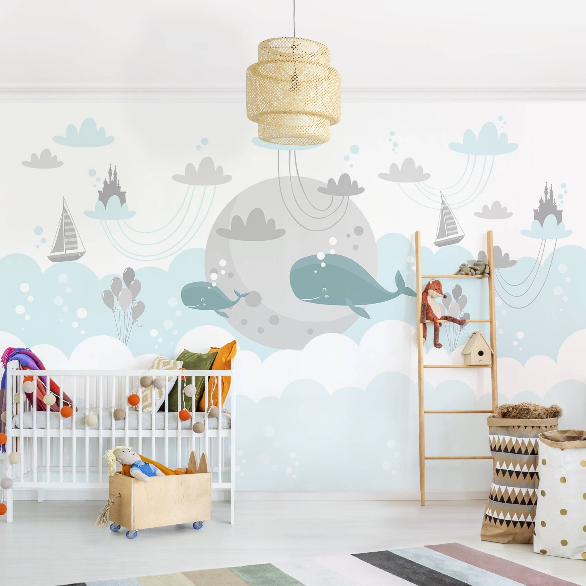 Fototapete Kinderzimmer Wolken mit Wal und Schloss von Klebefieber