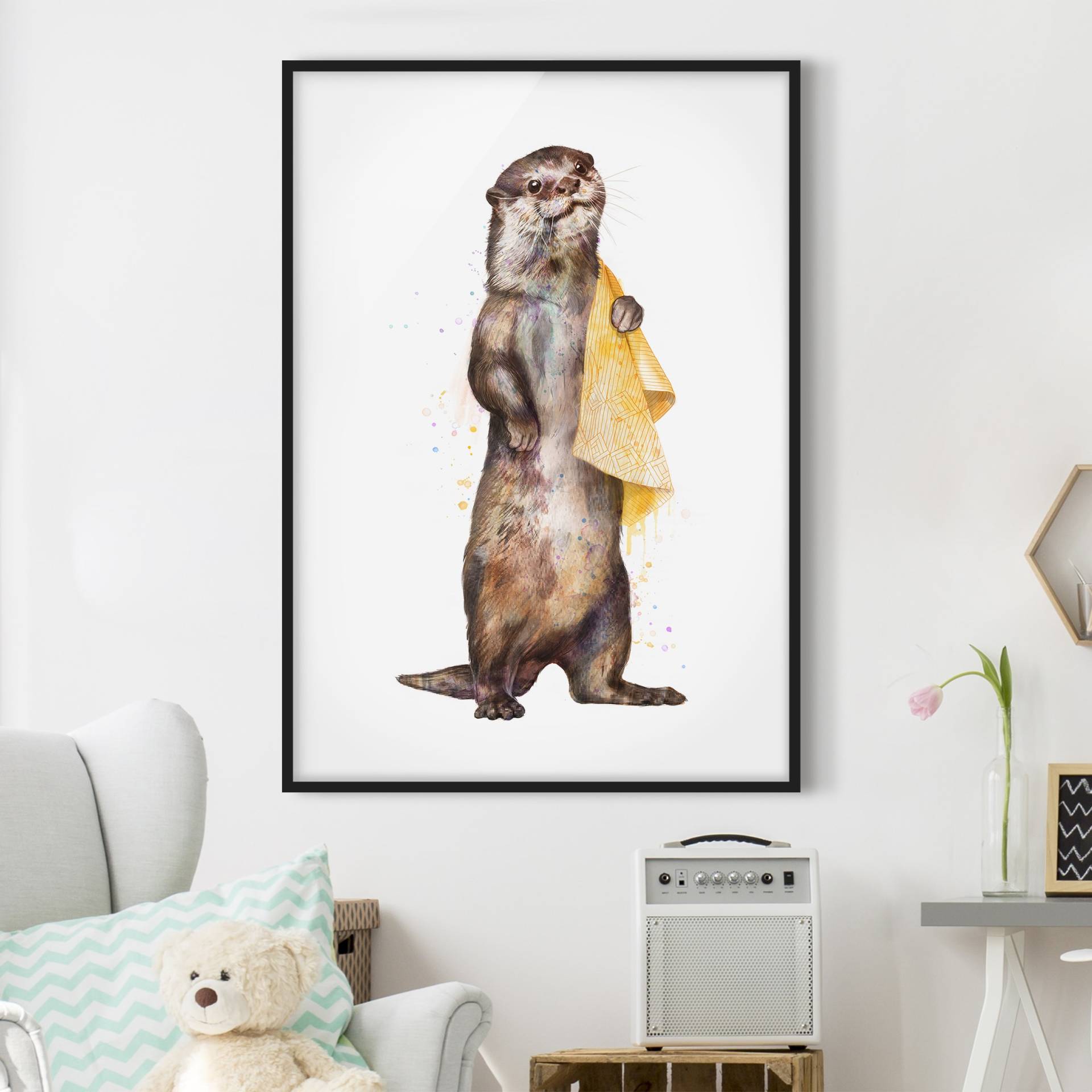 Gerahmtes Bild Illustration Otter mit Handtuch Malerei Weiß von Klebefieber