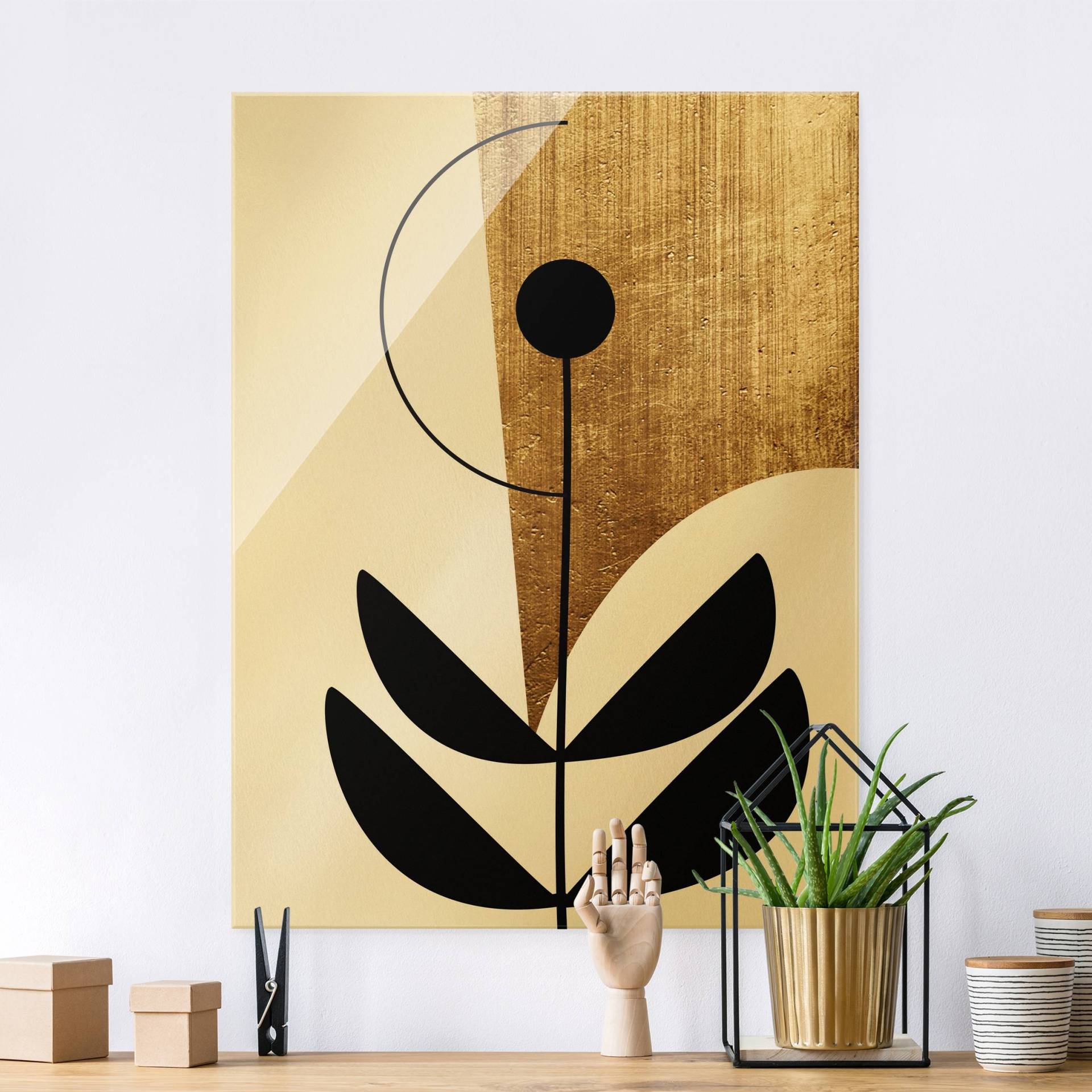 Glasbild Abstrakte Formen - Blume Gold von Klebefieber