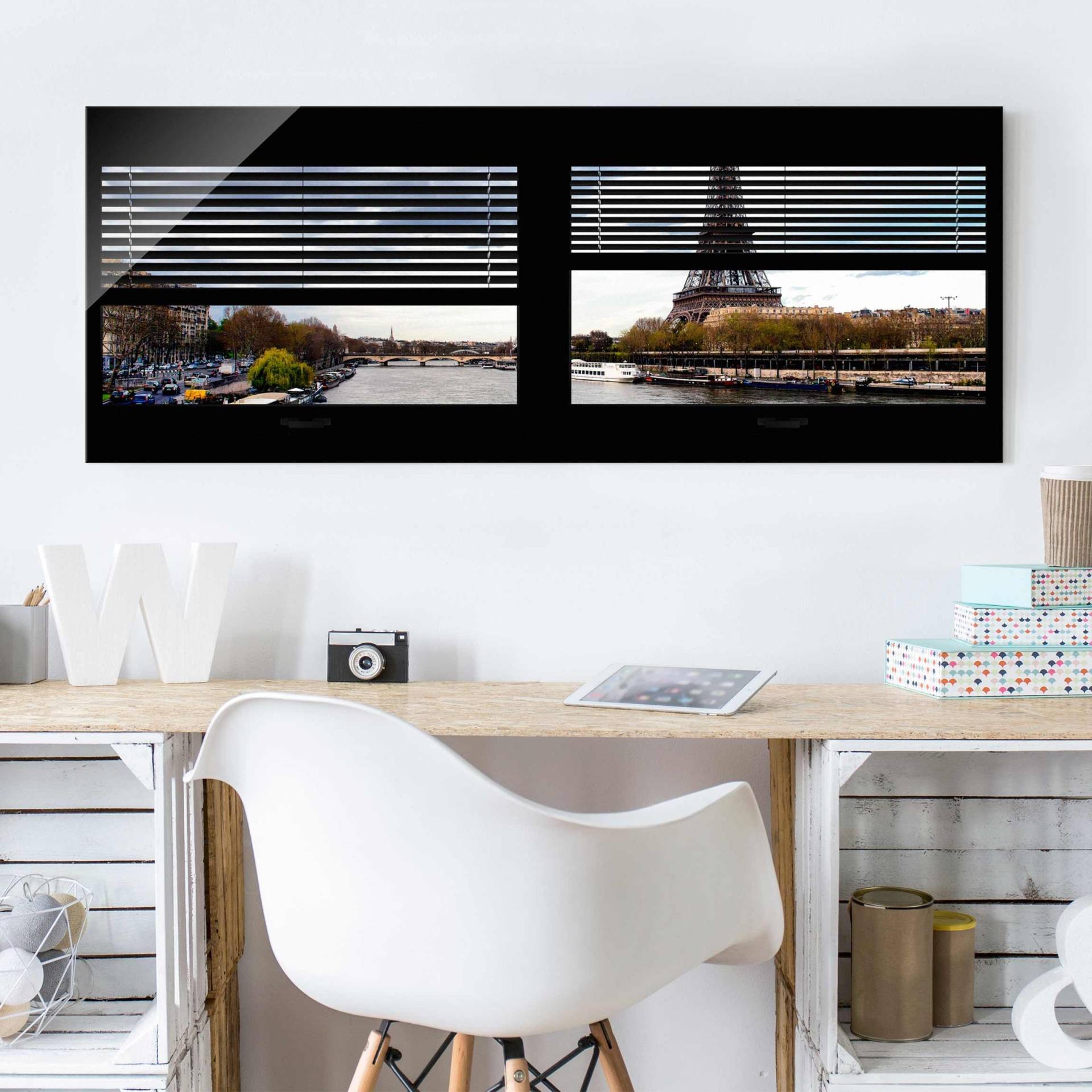 Glasbild Architektur & Skyline Fensterausblick Jalousie - Seine und Eiffelturm von Klebefieber