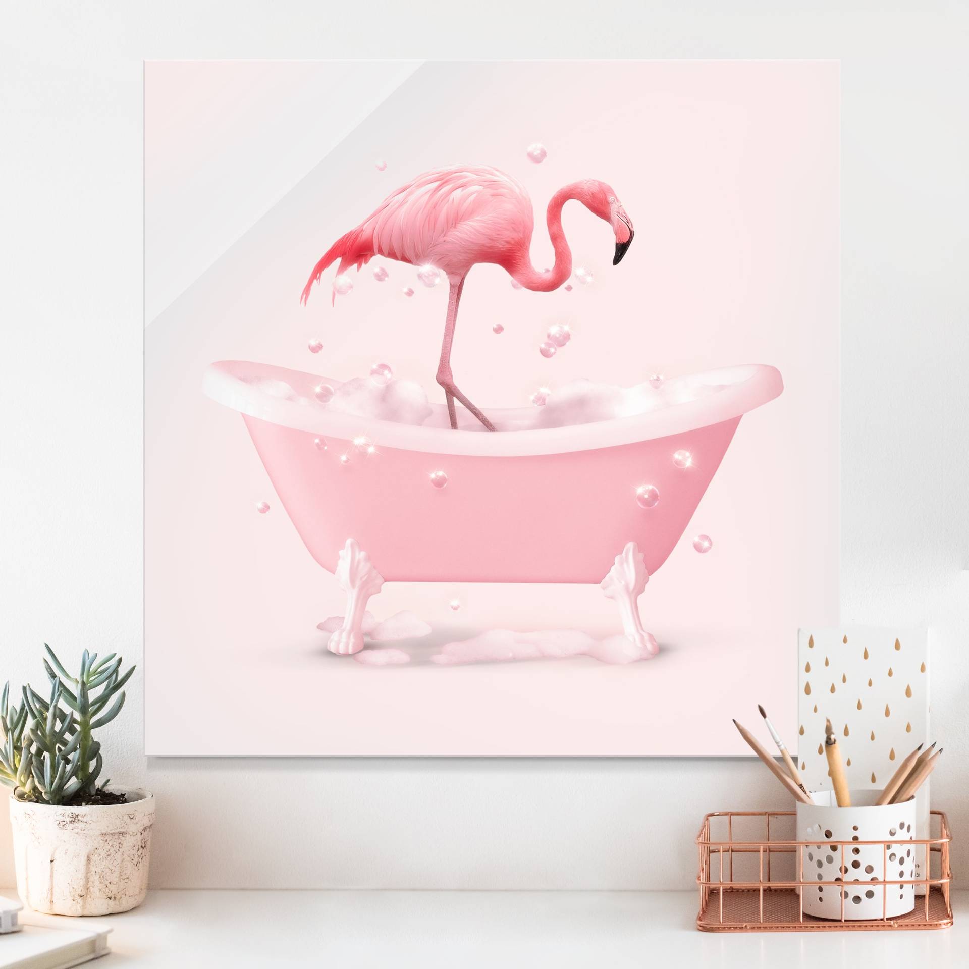 Glasbild Badewannen Flamingo von Klebefieber