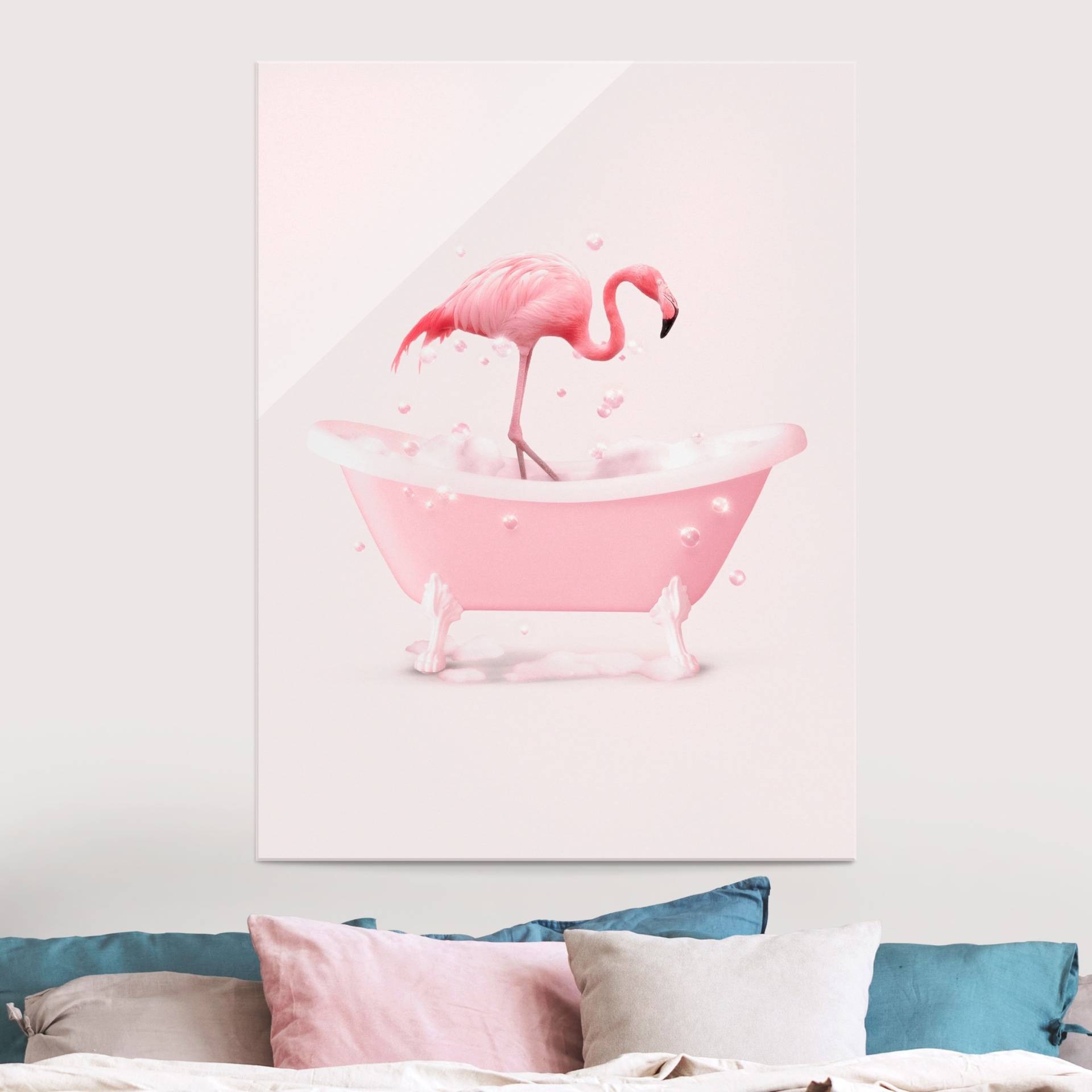 Glasbild Badewannen Flamingo von Klebefieber