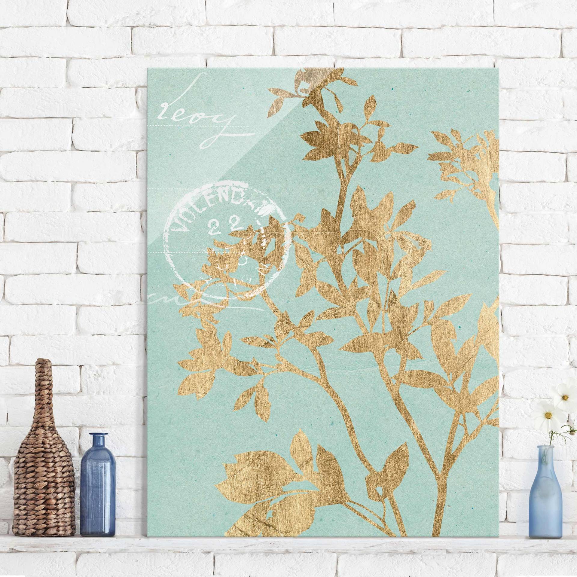 Glasbild Blumen Goldene Blätter auf Turquoise II von Klebefieber