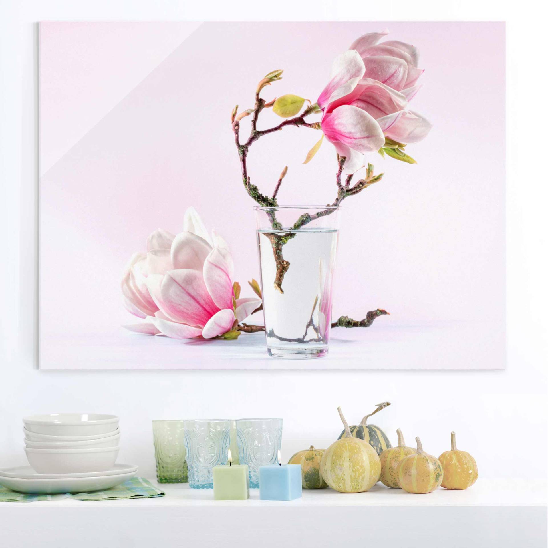 Glasbild Blumen Magnolie im Glas von Klebefieber