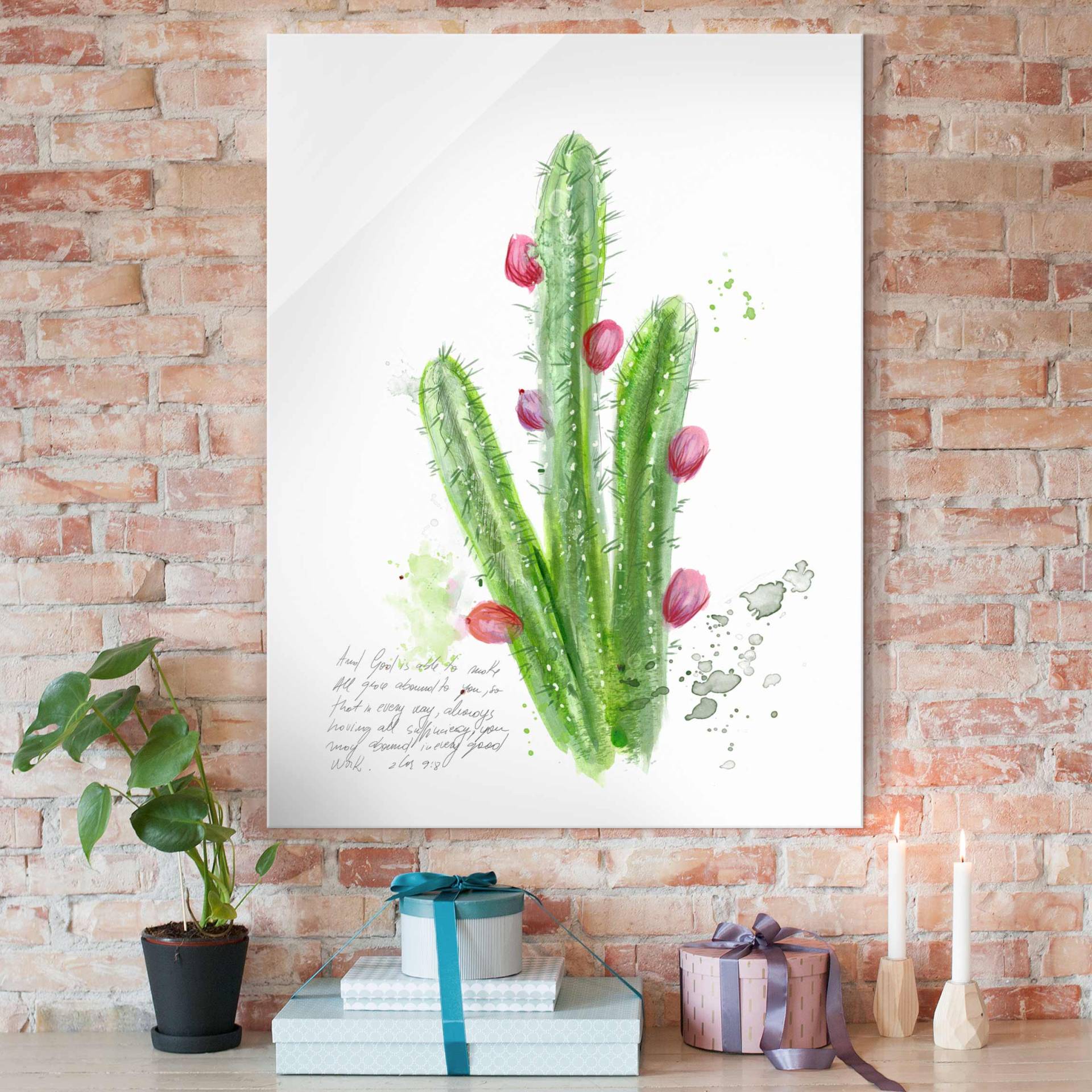 Glasbild Botanik Kaktus mit Bibelvers II von Klebefieber