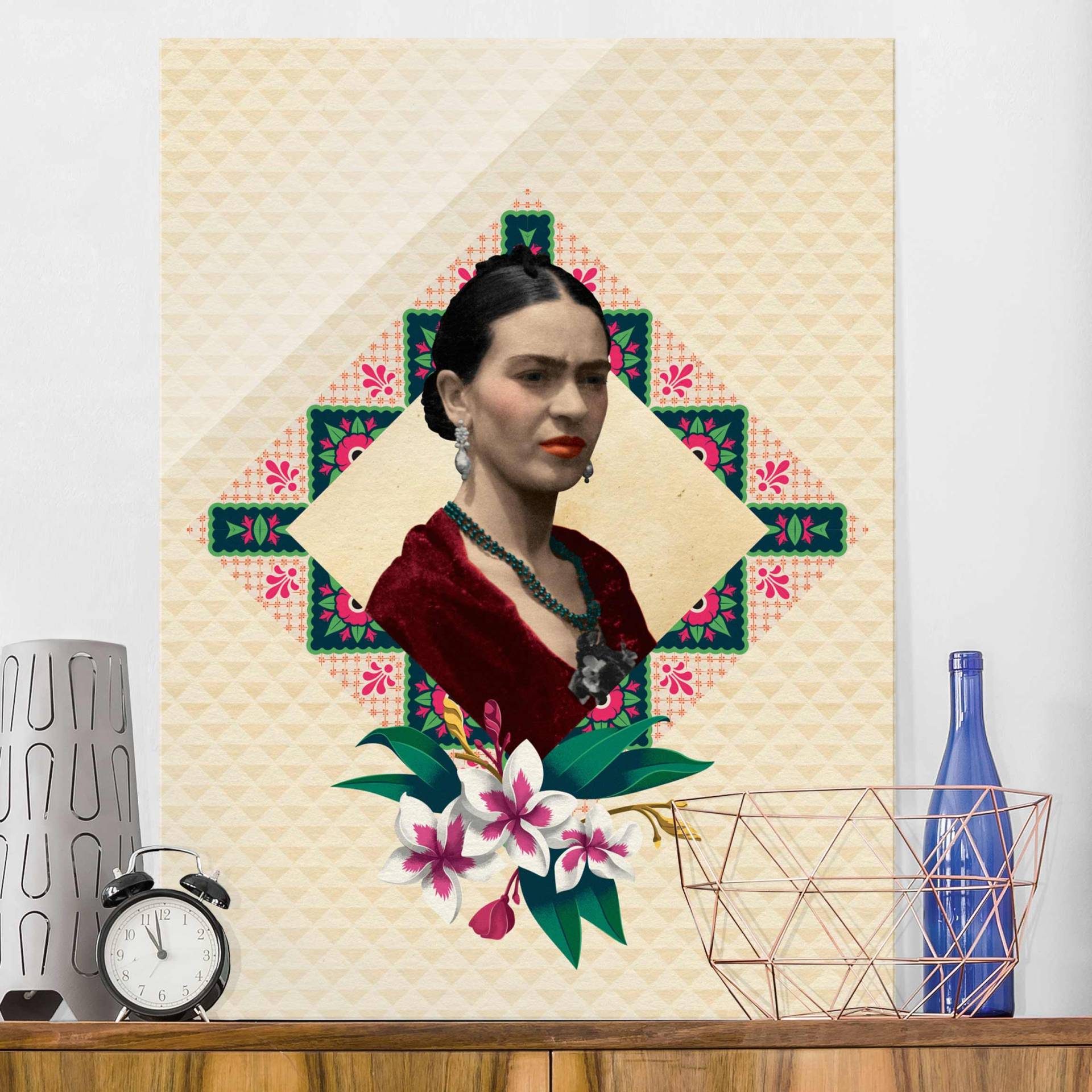 Glasbild Kunstdruck Frida Kahlo - Blumen und Geometrie von Klebefieber