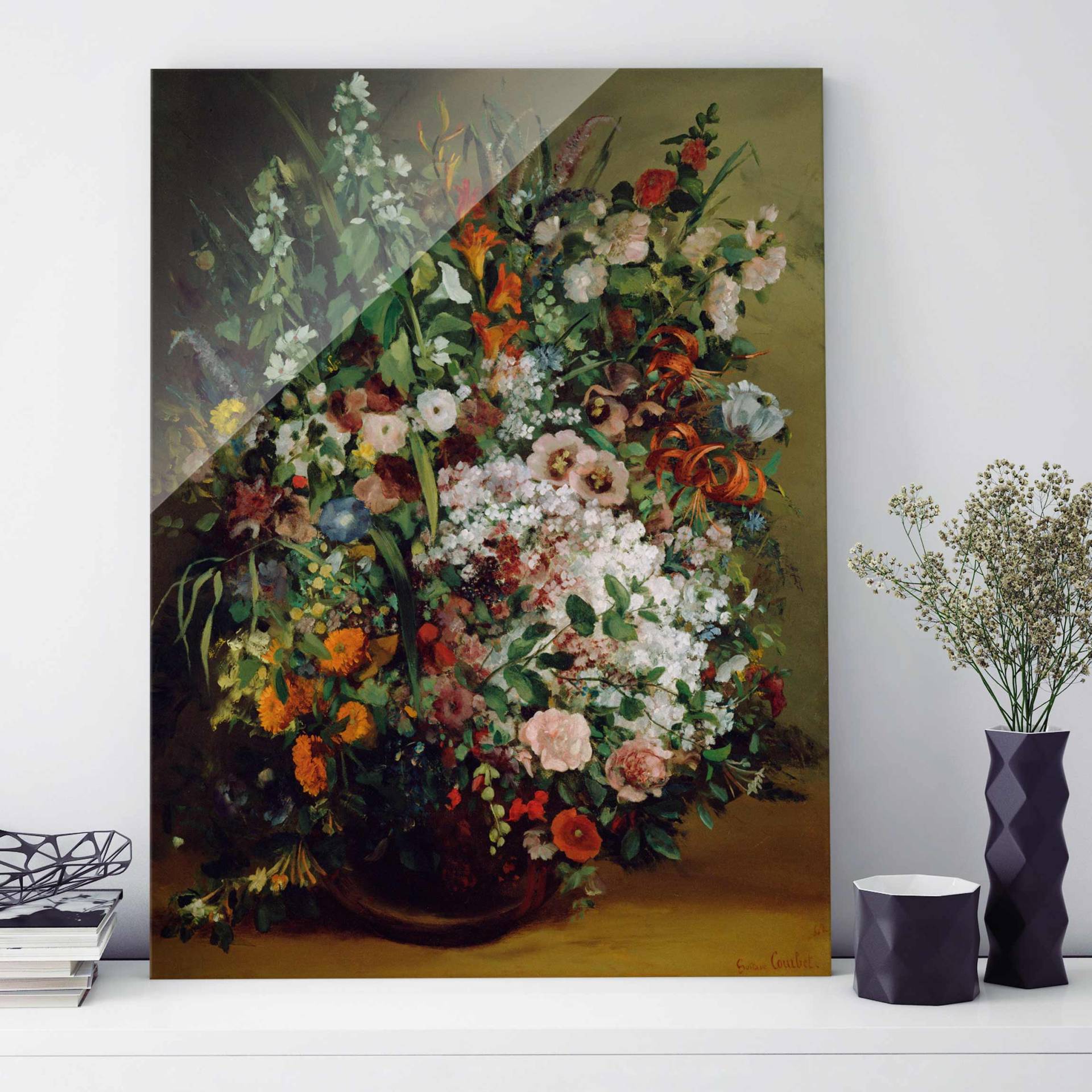 Glasbild Kunstdruck Gustave Courbet - Blumenstrauß in Vase von Klebefieber