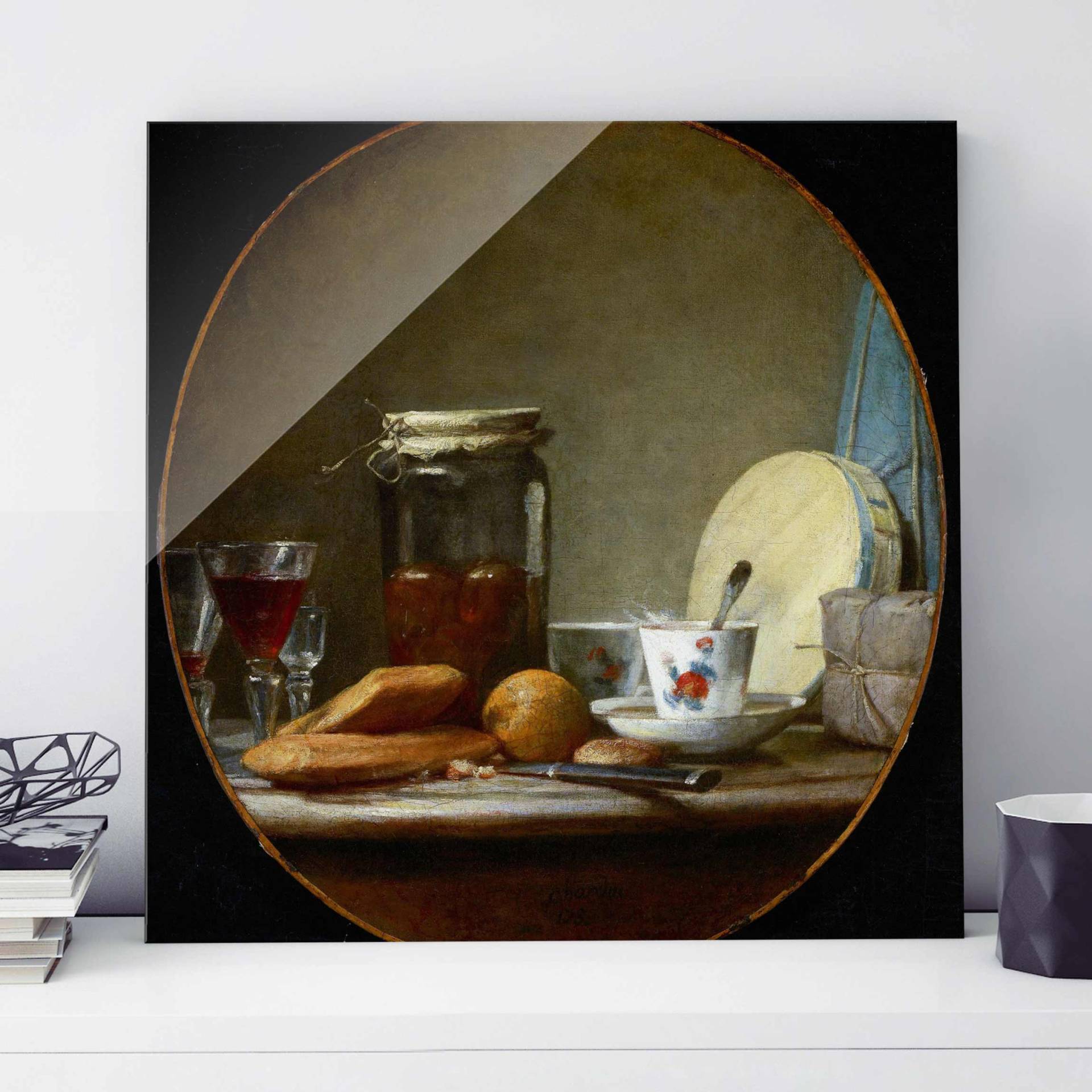Glasbild Kunstdruck Jean-Baptiste Siméon Chardin - Glas mit Aprikosen von Klebefieber