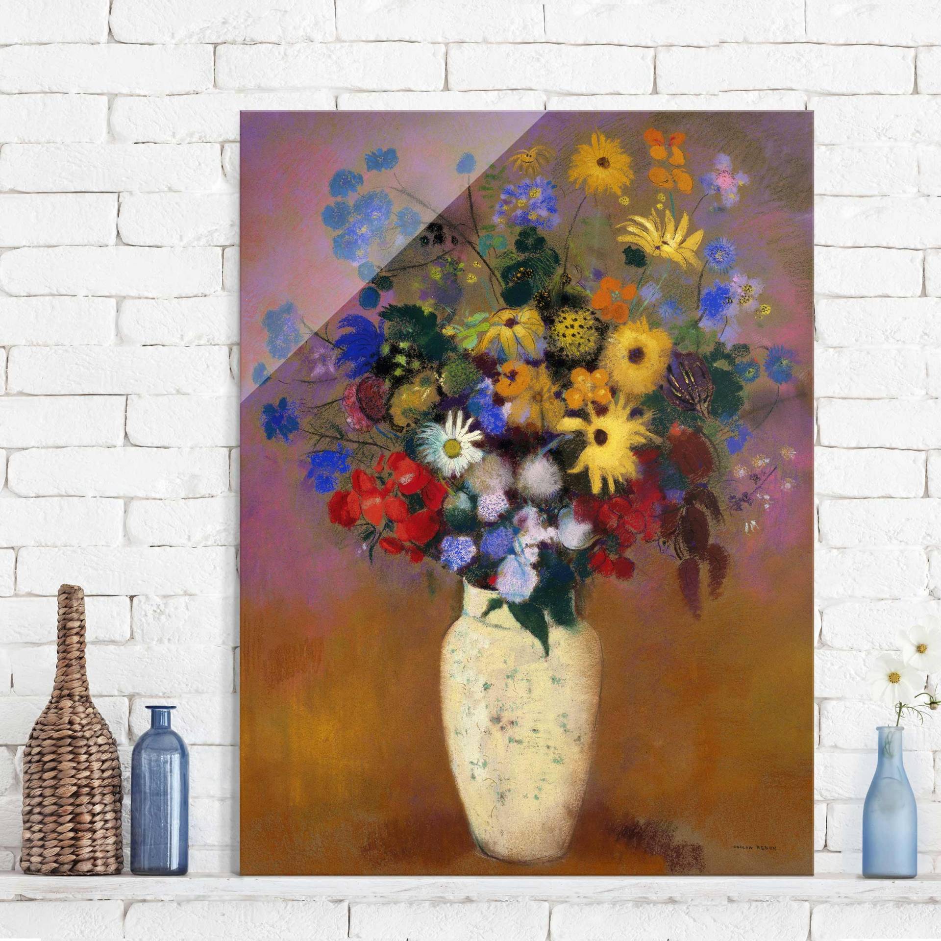 Glasbild Kunstdruck Odilon Redon - Blumen in einer Vase von Klebefieber