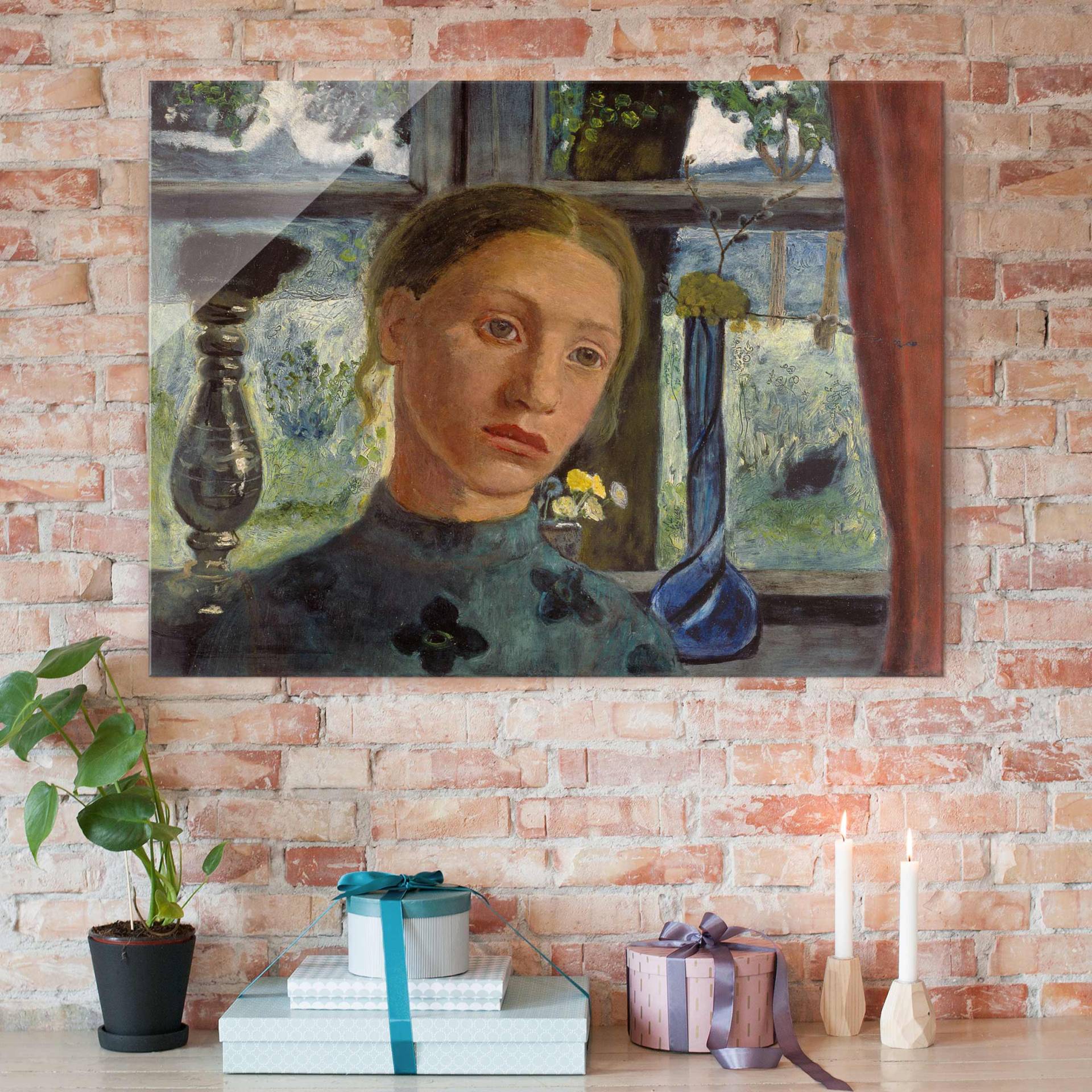 Glasbild Kunstdruck Paula Modersohn-Becker - Mädchenkopf vor Fenster von Klebefieber