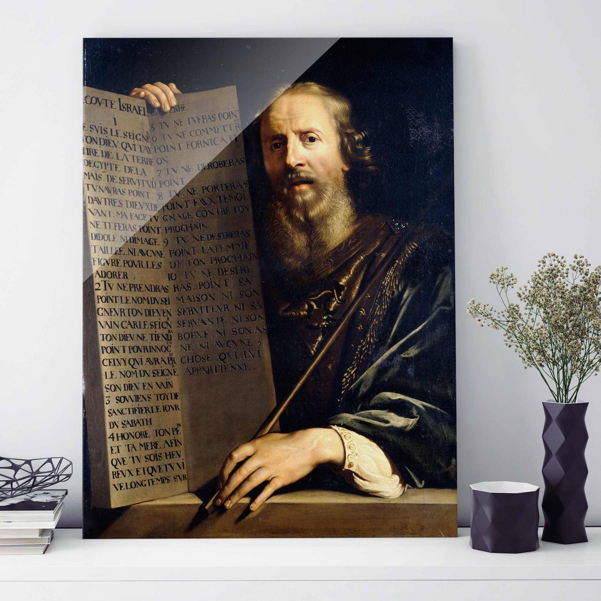 Glasbild Kunstdruck Philippe de Champaigne - Mose hält Tafel von Klebefieber