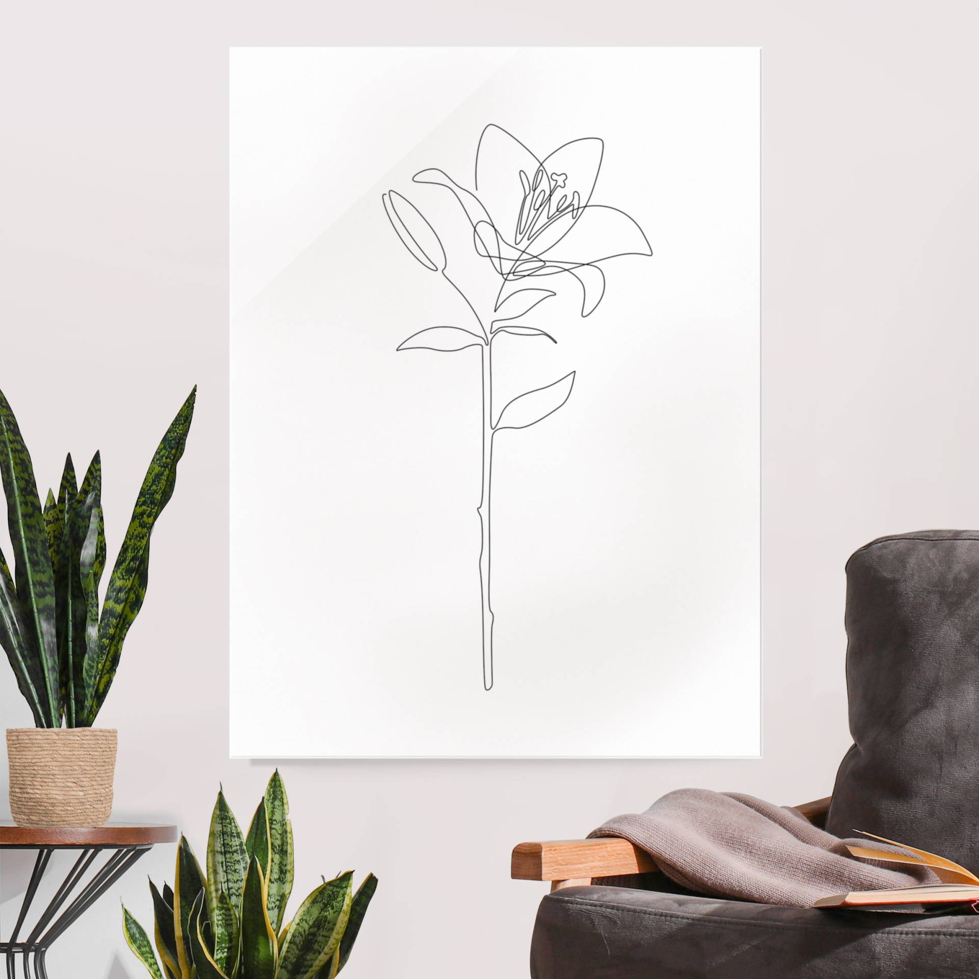 Glasbild Line Art Blumen - Lilie von Klebefieber