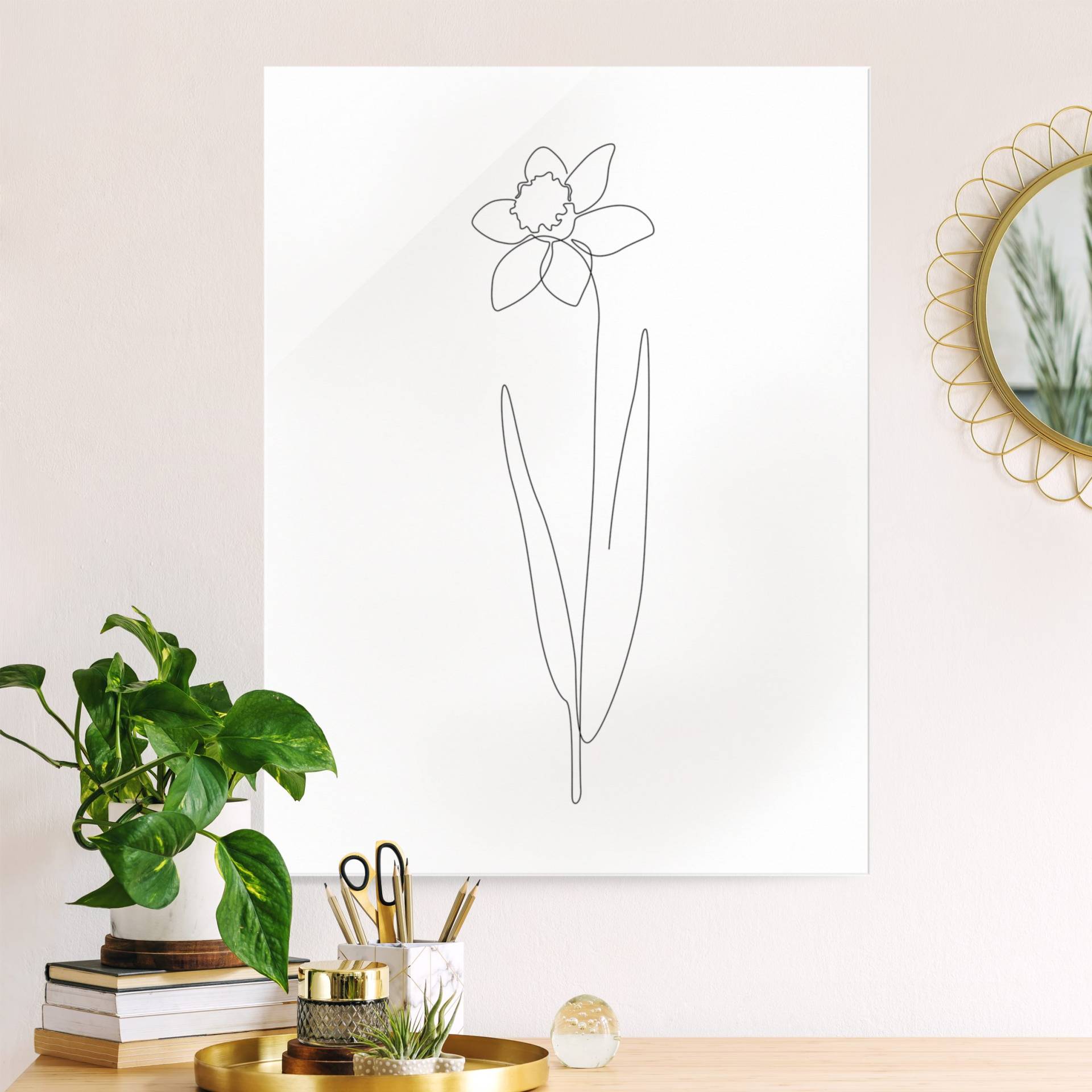 Glasbild Line Art Blumen - Narzisse von Klebefieber