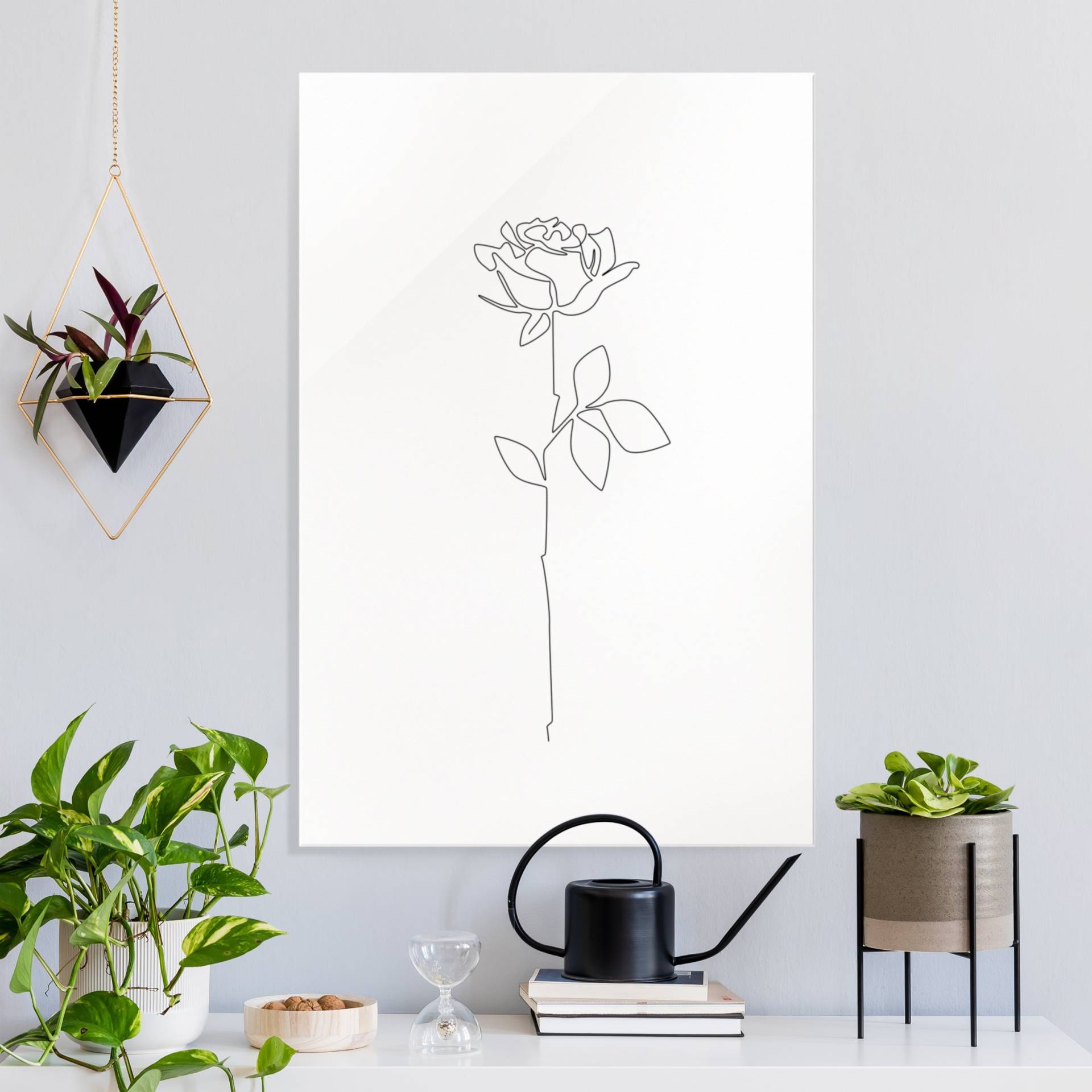 Glasbild Line Art Blumen - Rose von Klebefieber