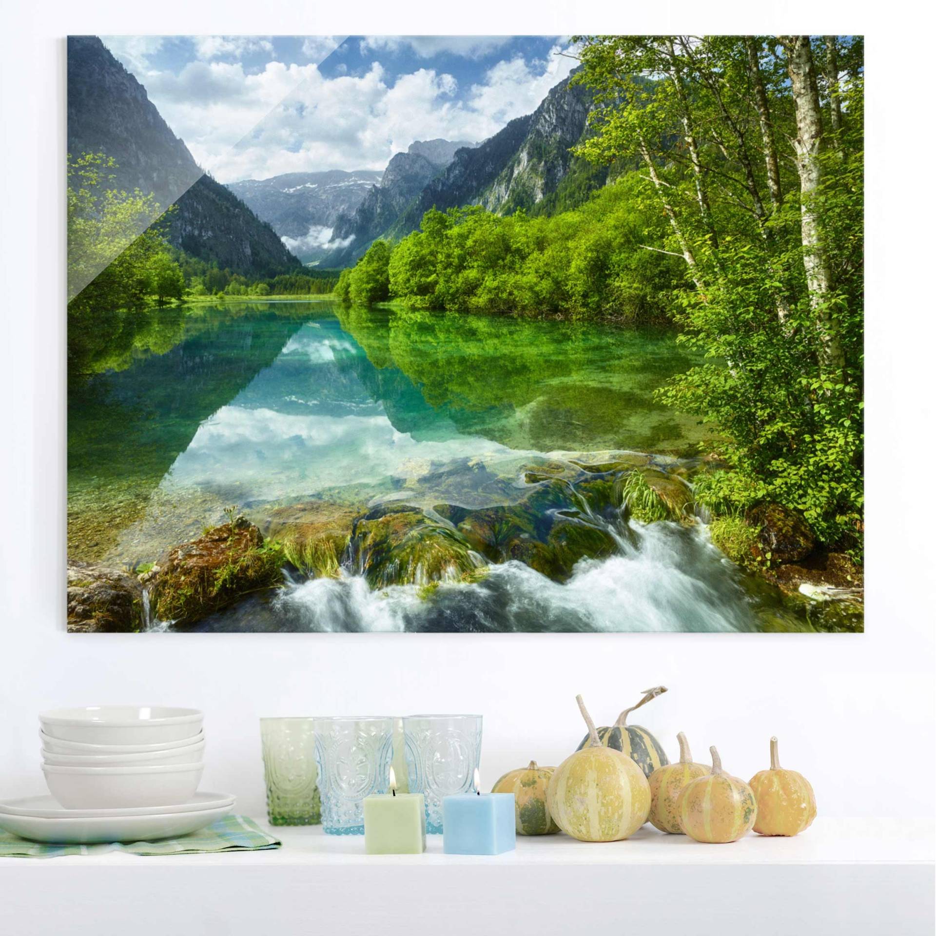 Glasbild Natur & Landschaft Bergsee mit Spiegelung von Klebefieber