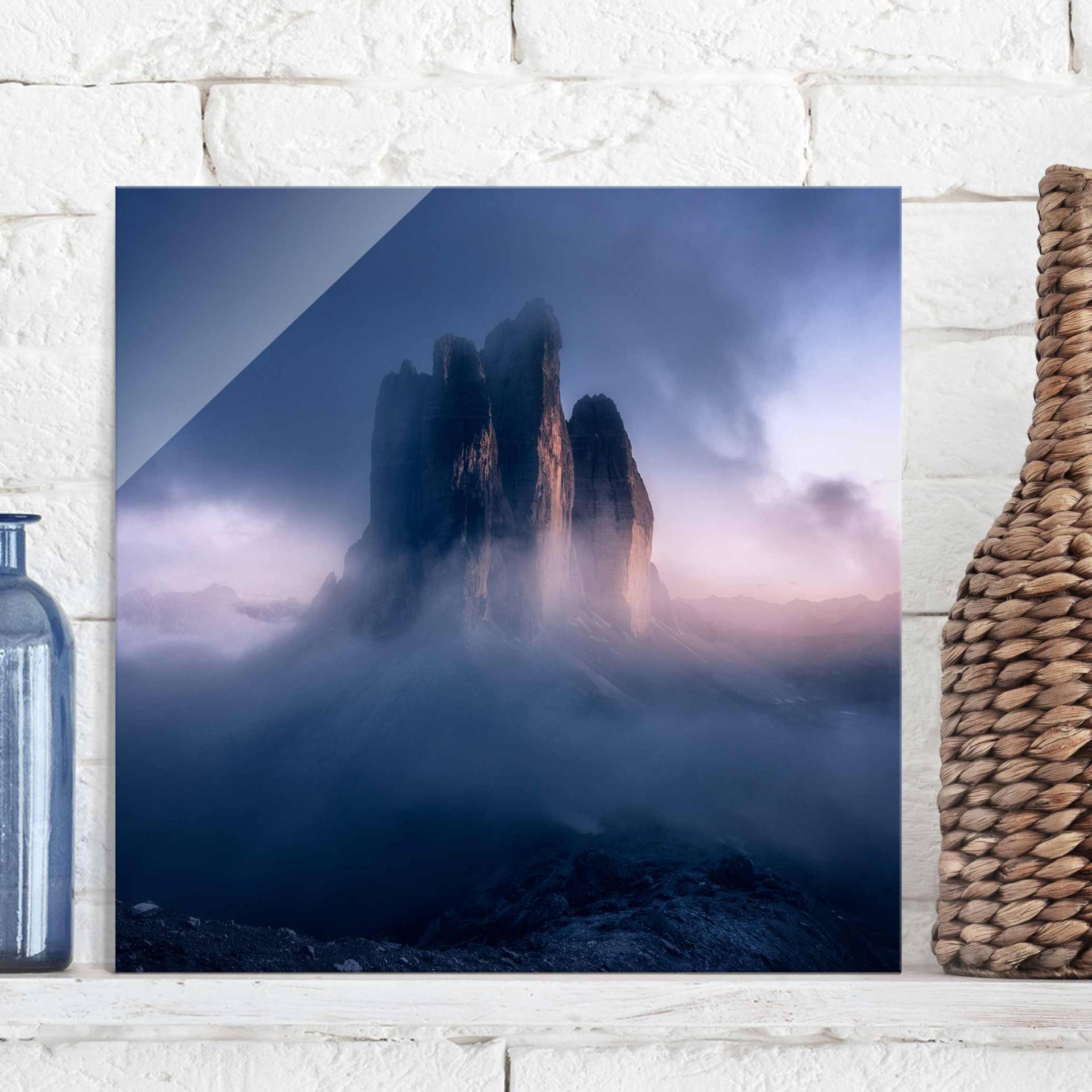 Glasbild Natur & Landschaft Drei Zinnen in blauem Licht von Klebefieber