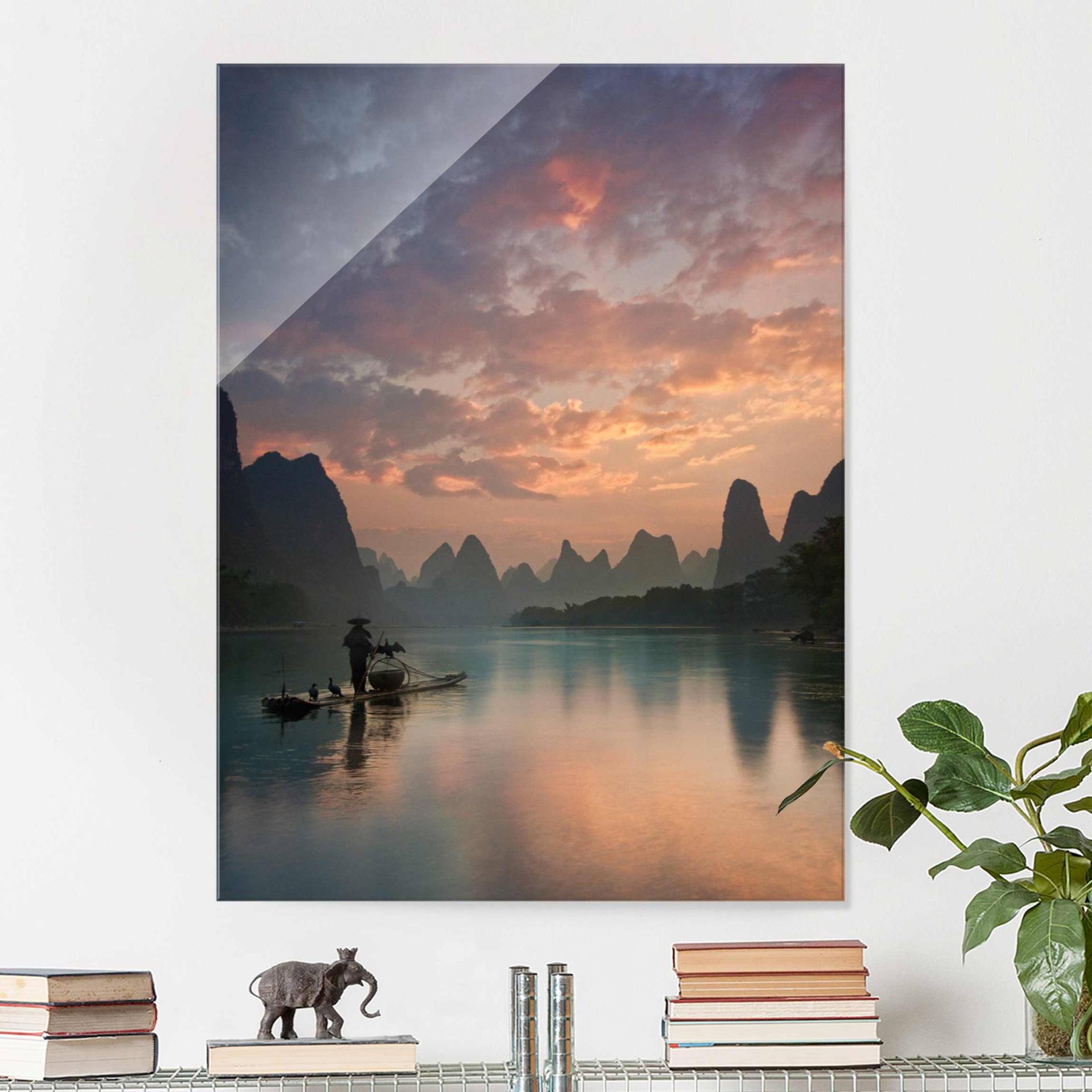 Glasbild Natur & Landschaft Sonnenaufgang über chinesischem Fluss von Klebefieber