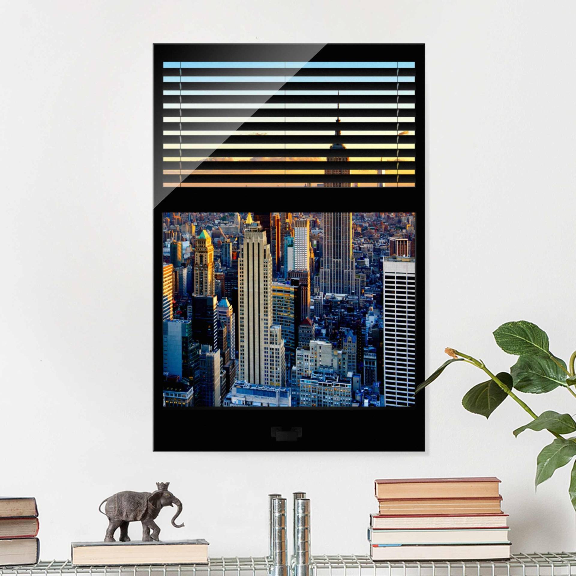 Glasbild New York Fensterausblick Jalousie - Sonnenaufgang New York von Klebefieber