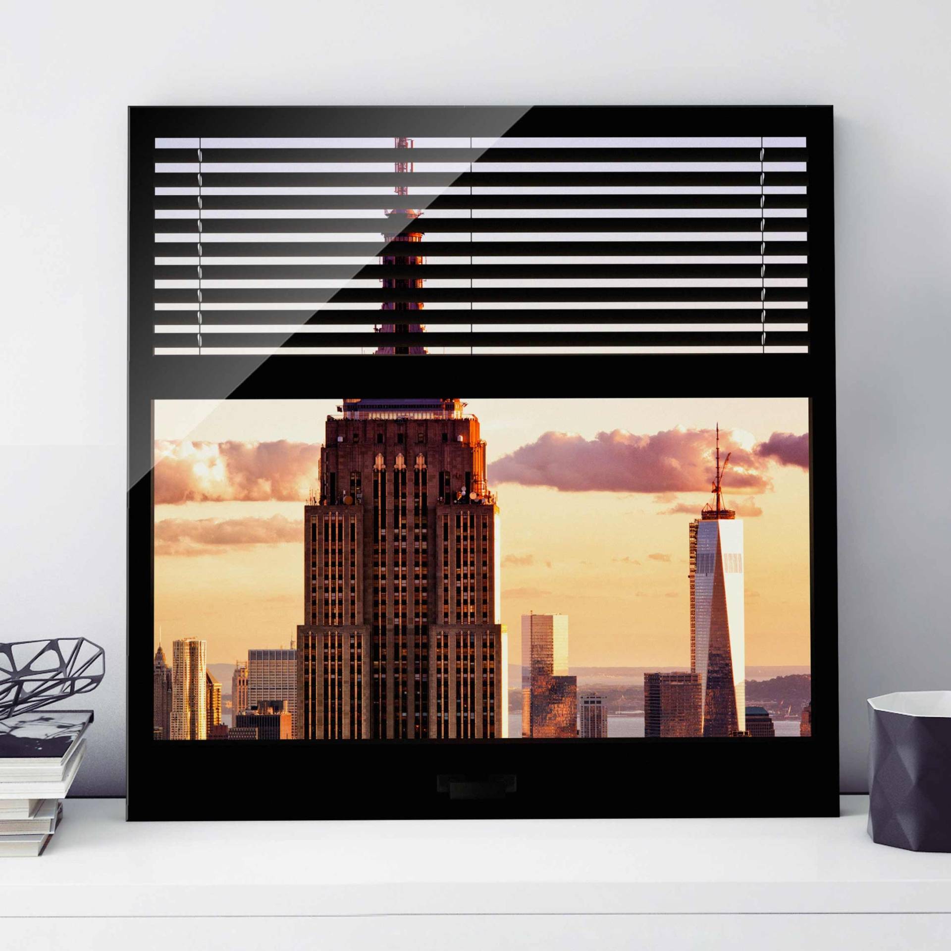 Glasbild New York Fensterblick Jalousie - Empire State Building New York von Klebefieber