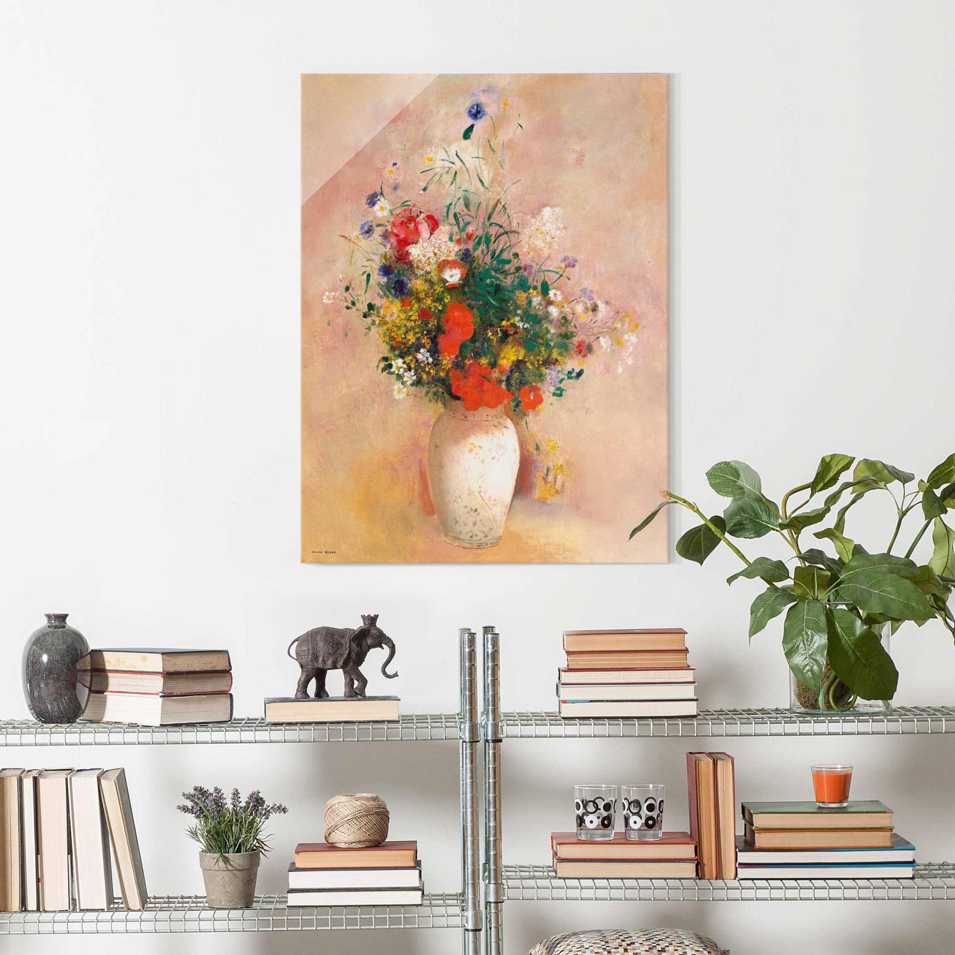 Glasbild Odilon Redon - Vase mit Blumen (rosenfarbener Hintergrund) von Klebefieber