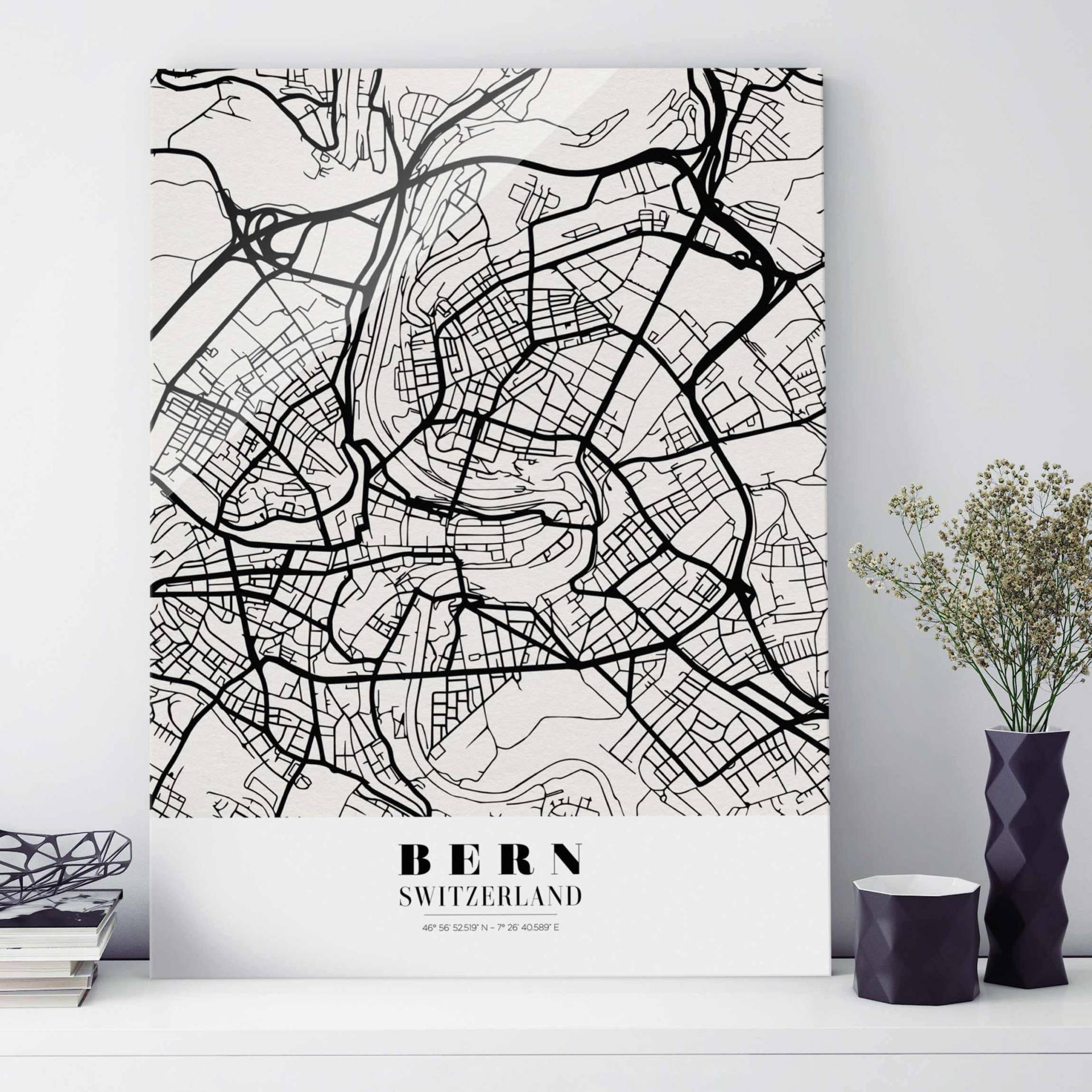 Glasbild Schwarz-Weiß Stadtplan Bern - Klassik von Klebefieber