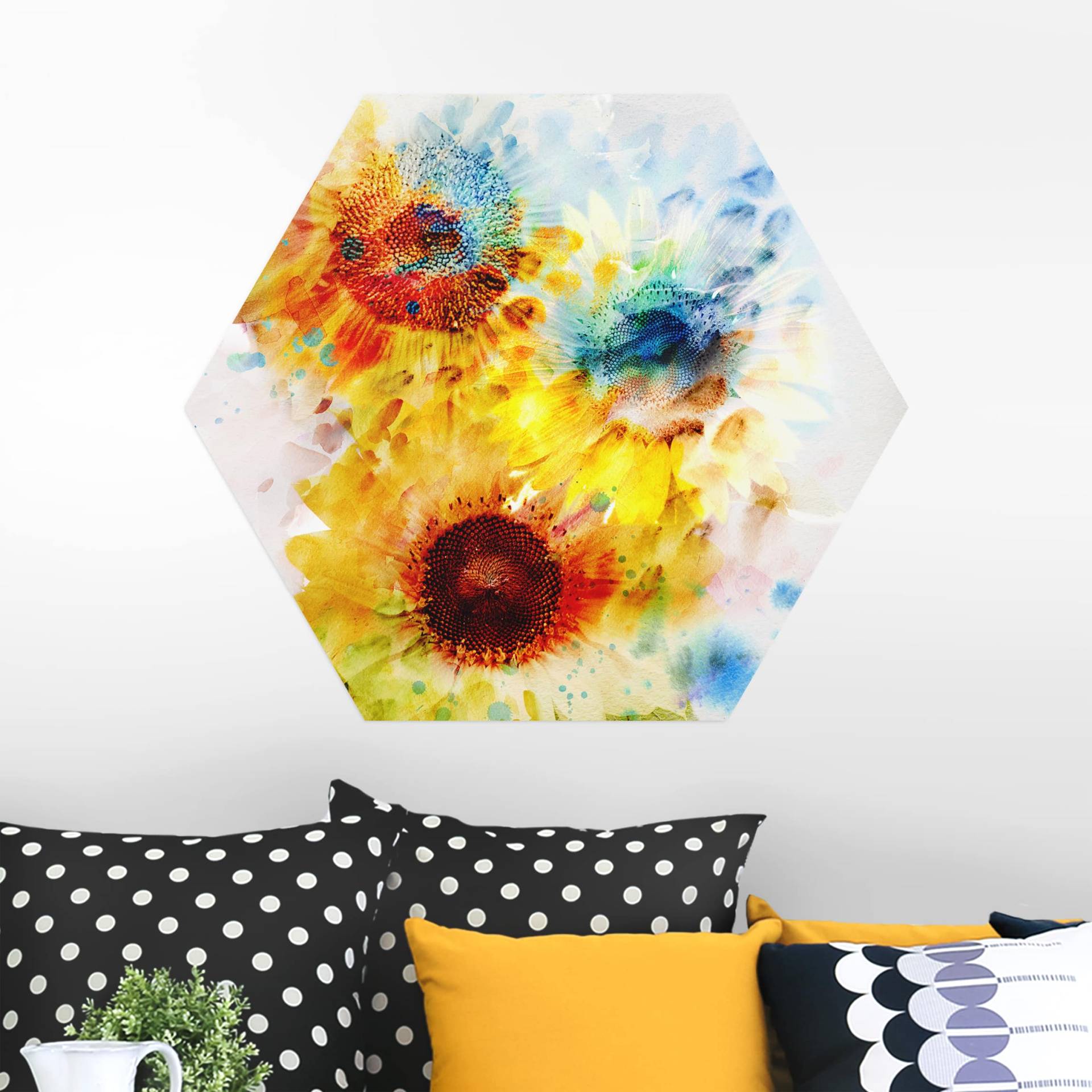 Hexagon-Alu-Dibond Bild Aquarell Blumen Sonnenblumen von Klebefieber