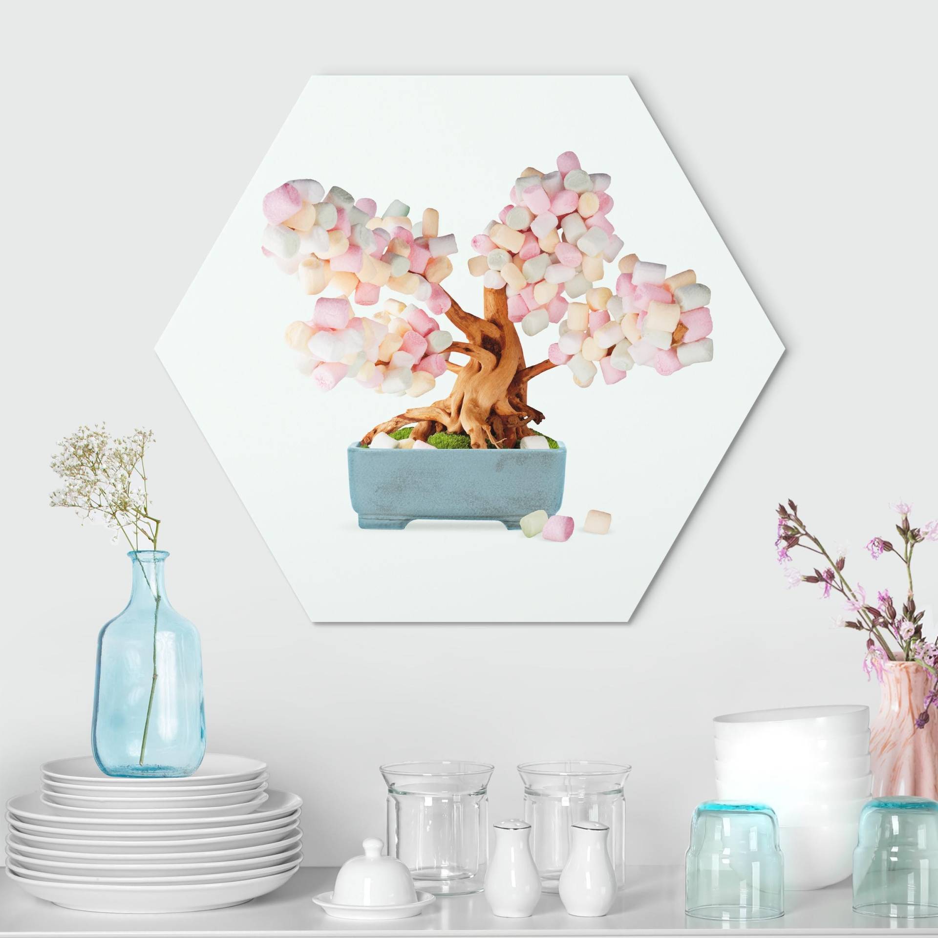 Hexagon-Alu-Dibond Bild Bonsai mit Marshmallows von Klebefieber